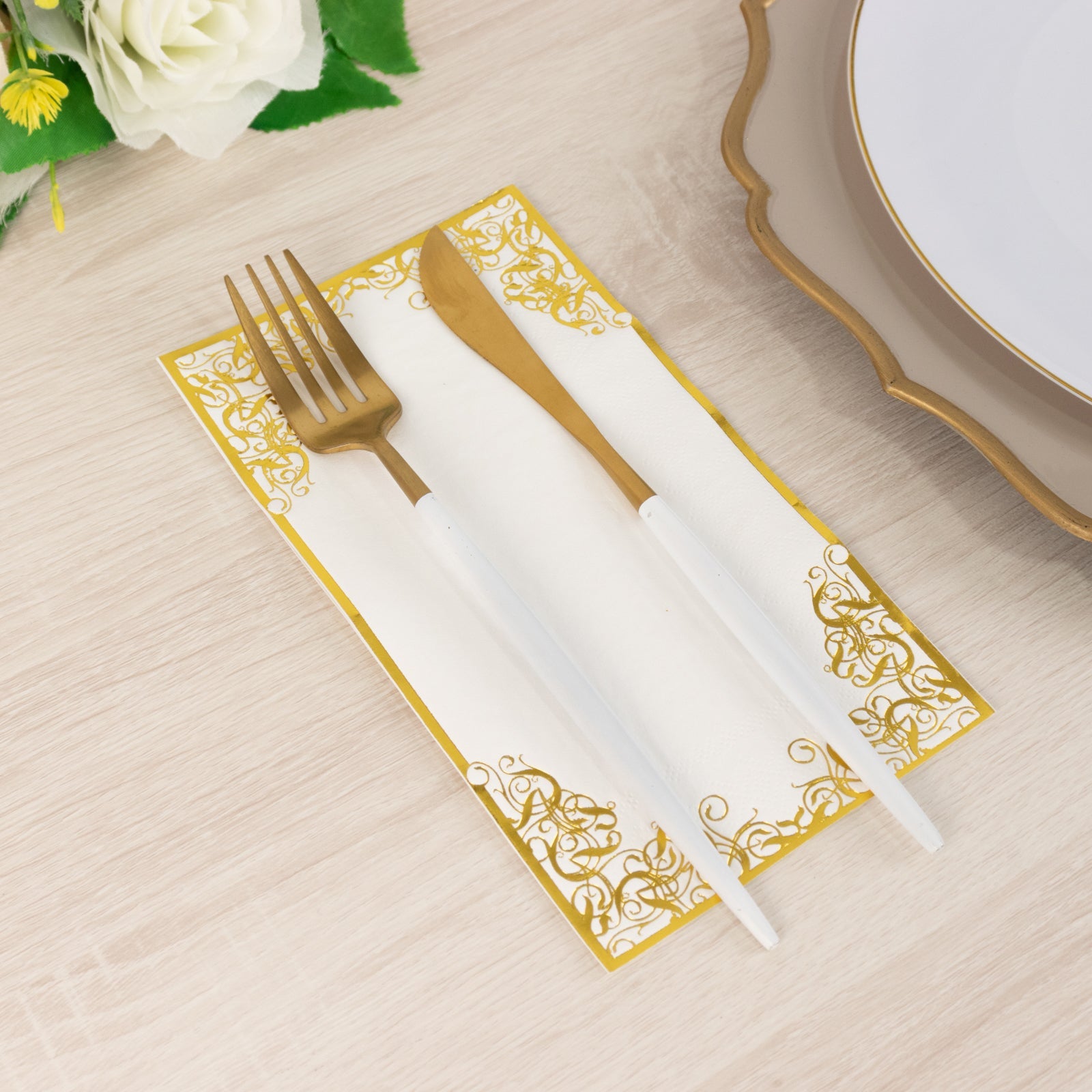 50-Pack Paper Dinner Napkins White with Gold Foil Lace Design 2 Ply - European Style Napkins for Parties 8x4