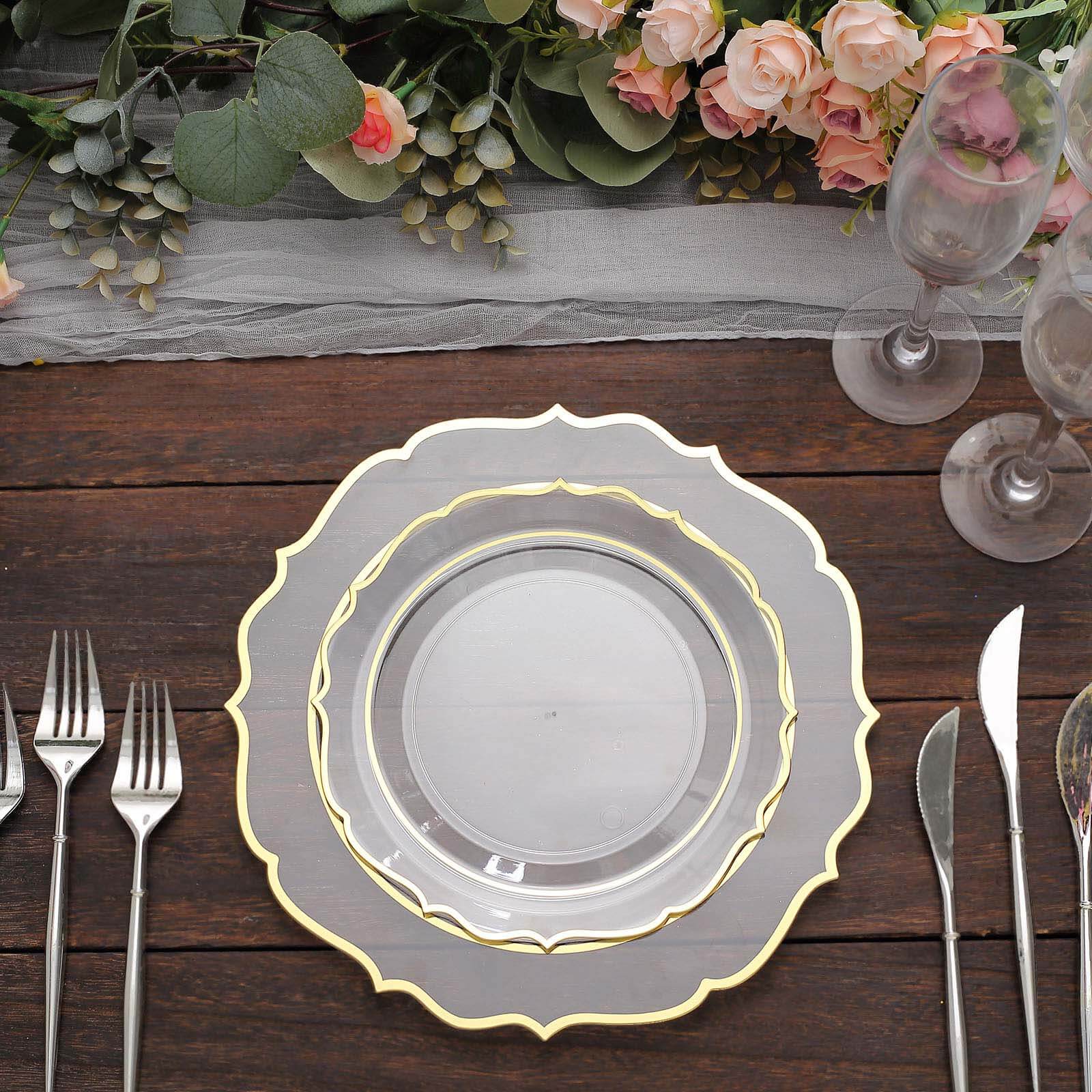 10-Pack Plastic 8 Round Desert Plates in Clear with Gold Scalloped Rim - Disposable Appetizer/Salad Plates