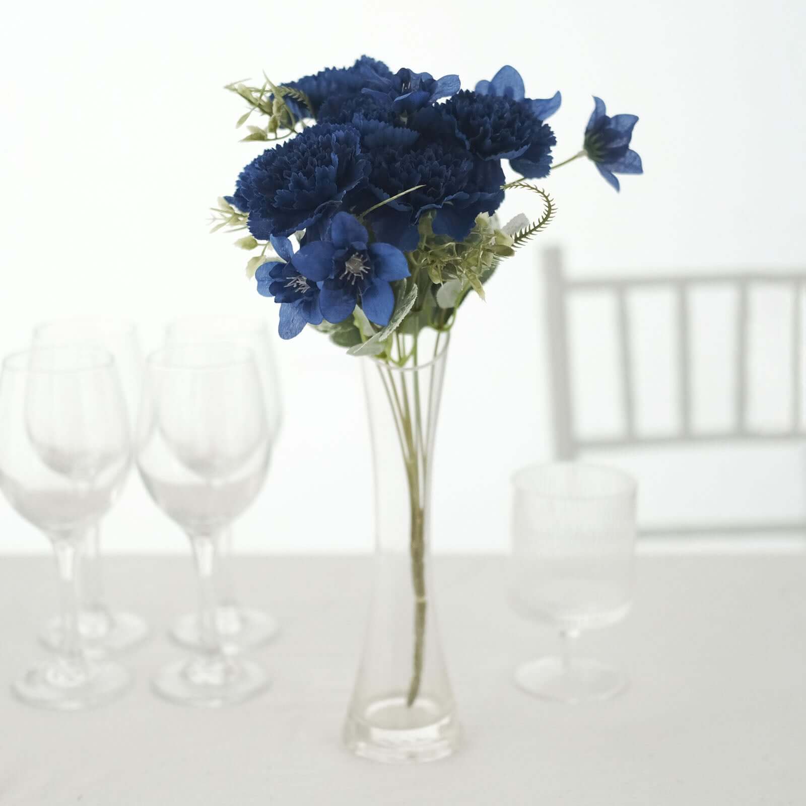 3 Pack 14 Navy Blue Artificial Silk Carnation Flower Arrangements, Faux Floral Bouquets Bushes