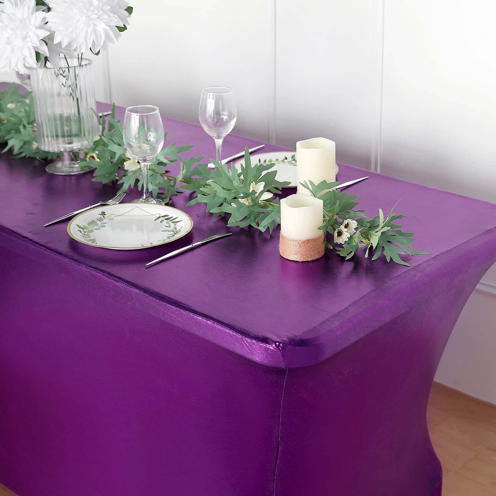 Metallic Purple Stretch Spandex Rectangle Tablecloth 6ft Wrinkle Free Fitted Table Cover for 72x30 Tables