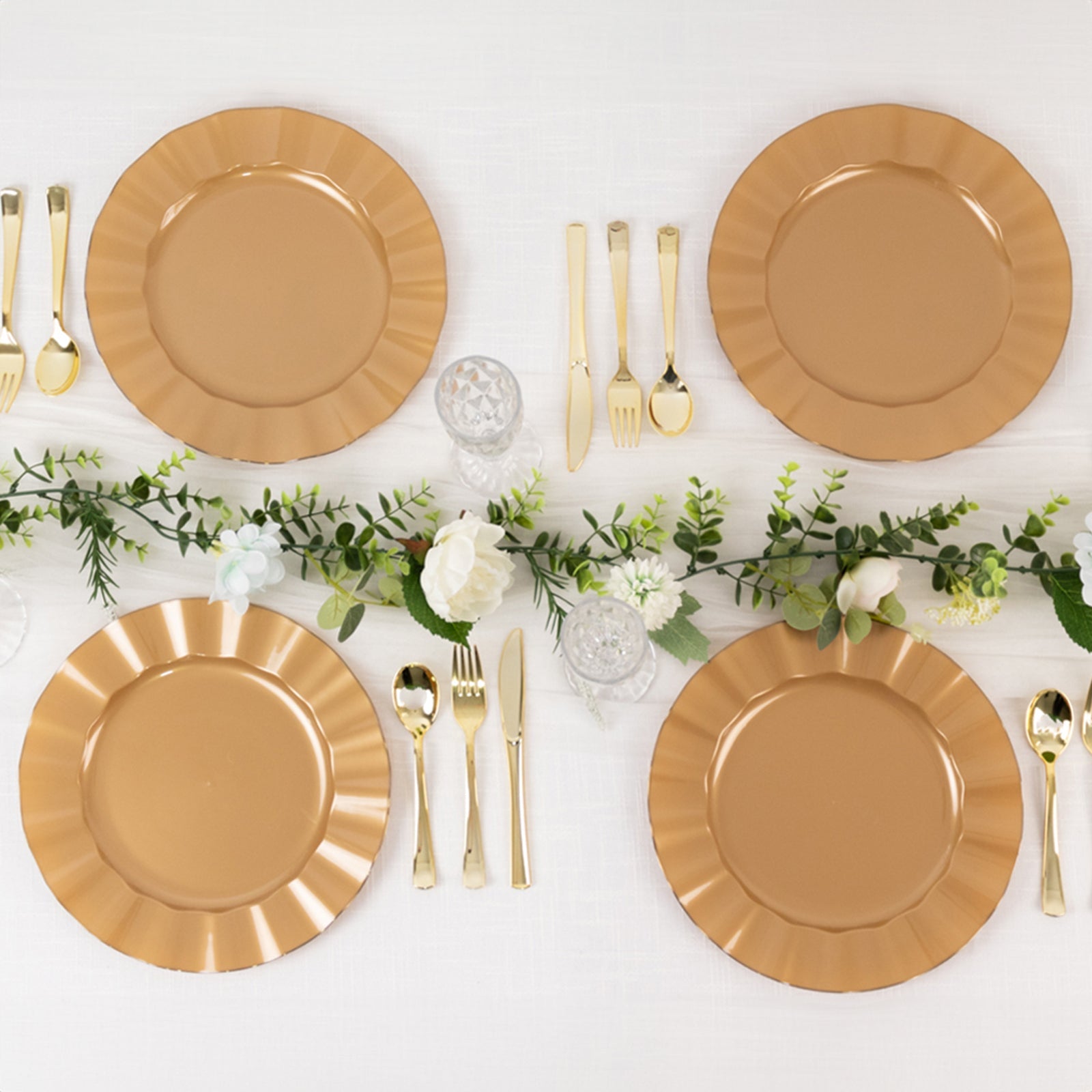 10-Pack Plastic 11 Round Dinner Plates in Gold with Ruffled Rim - Sturdy Disposable Dinnerware for Classy Events & Banquets