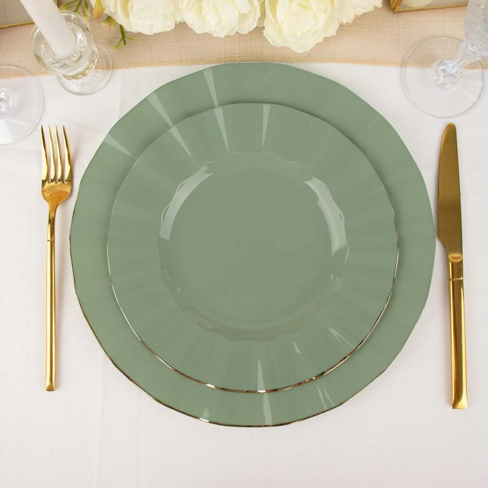 10-Pack Plastic 9 Round Dinner Plates in Dusty Sage Green Ruffled Rim with Gold Edging - Sturdy Disposable Dinnerware