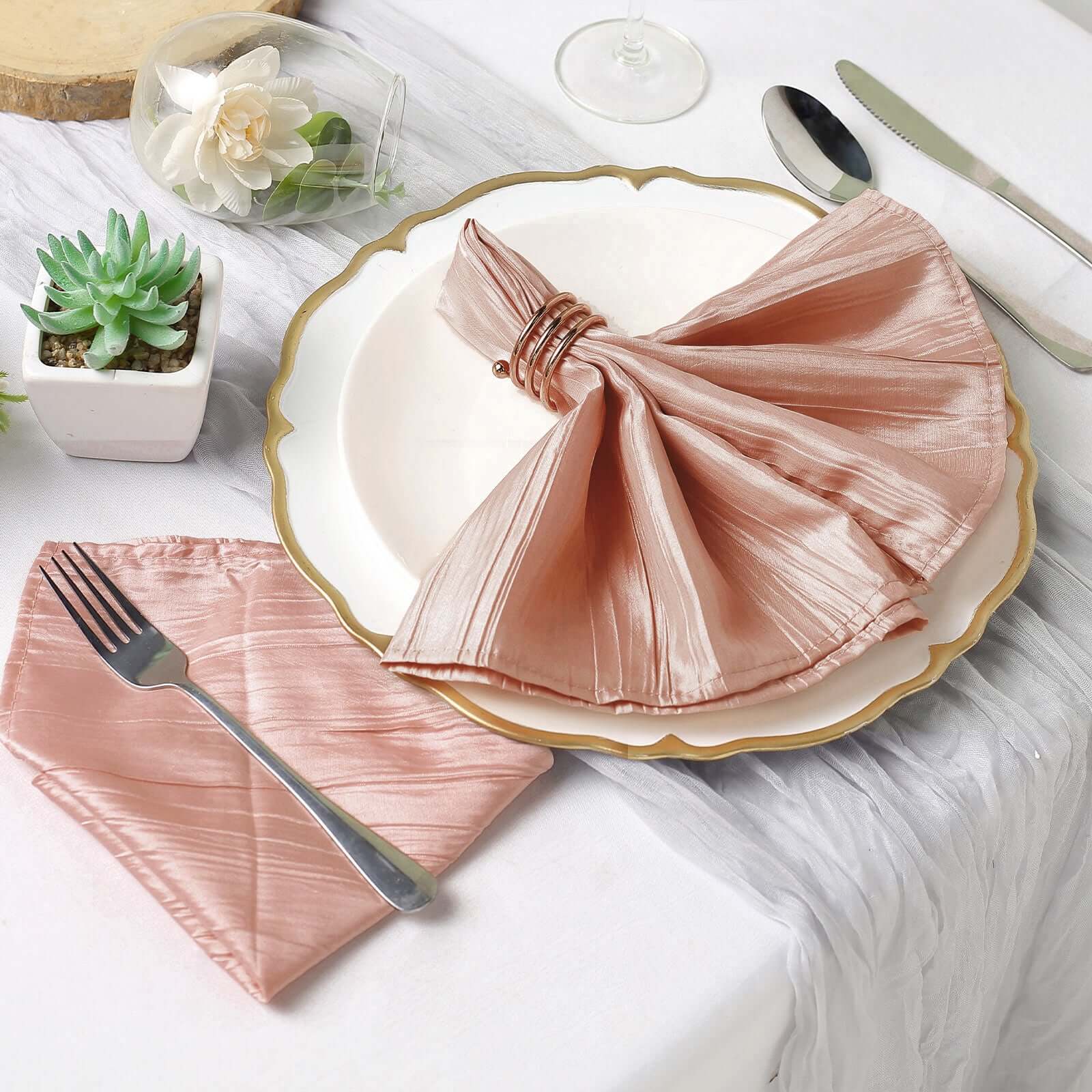 5 Pack Taffeta 20x20 Napkins Dusty Rose - Accordion Crinkle Dinner Napkins