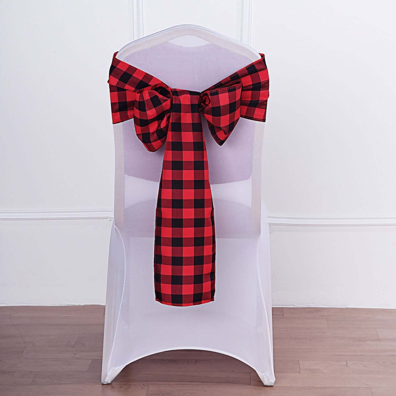 5 Pack Polyester Chair Sashes Black/Red Buffalo Plaid - Durable & Reusable Chair Bows 6x108