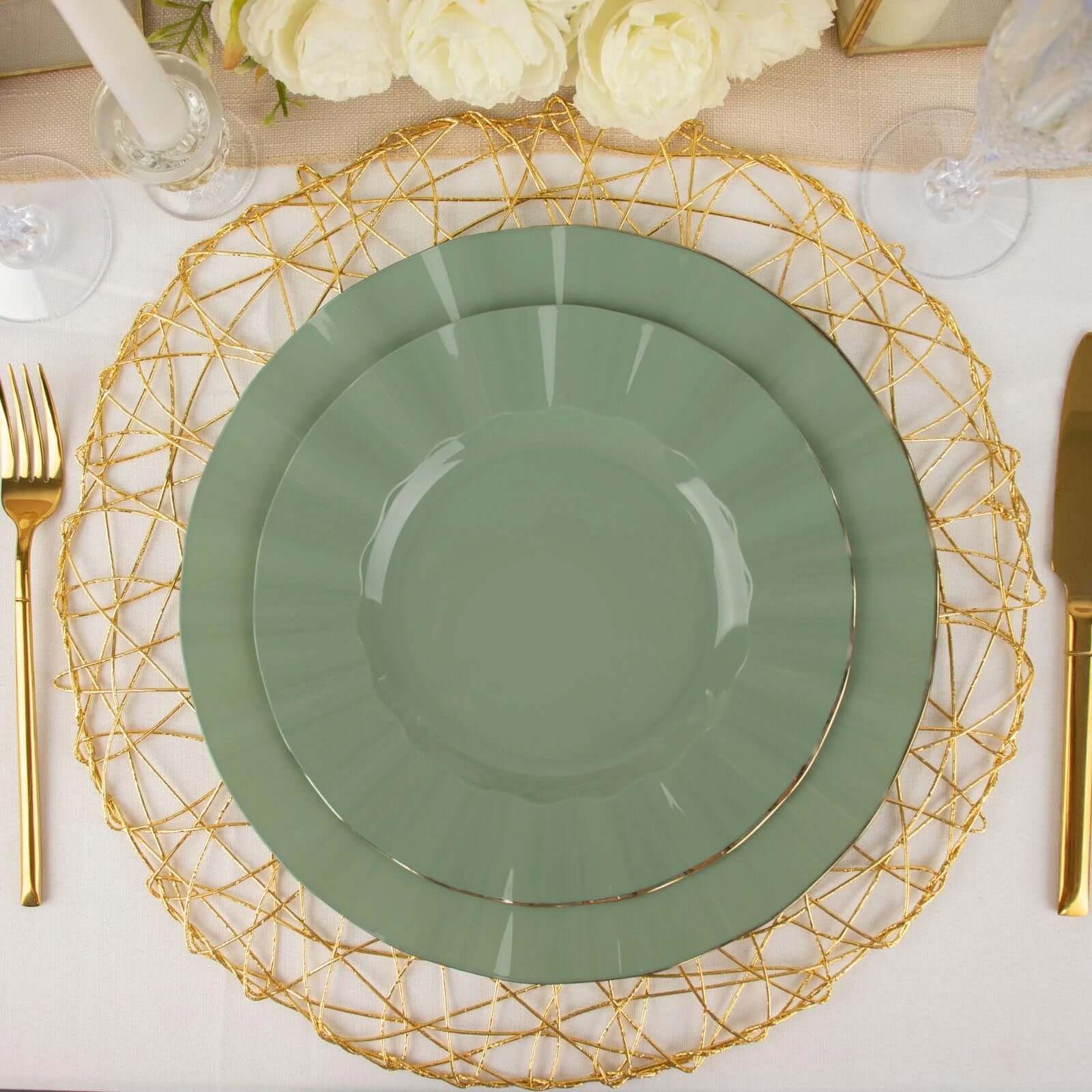 10-Pack Plastic 9 Round Dinner Plates in Dusty Sage Green Ruffled Rim with Gold Edging - Sturdy Disposable Dinnerware