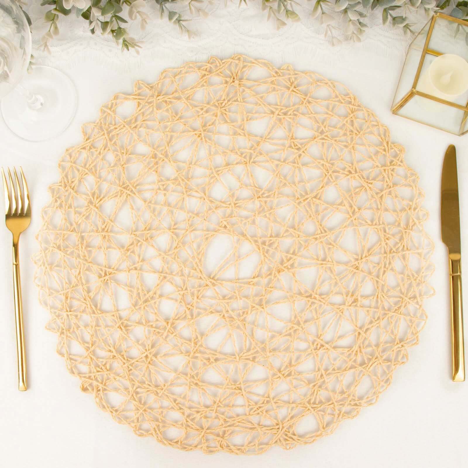 6-Pack Table Placemats Woven Fiber Design Beige Round - Disposable Mats for Dining and Events 15