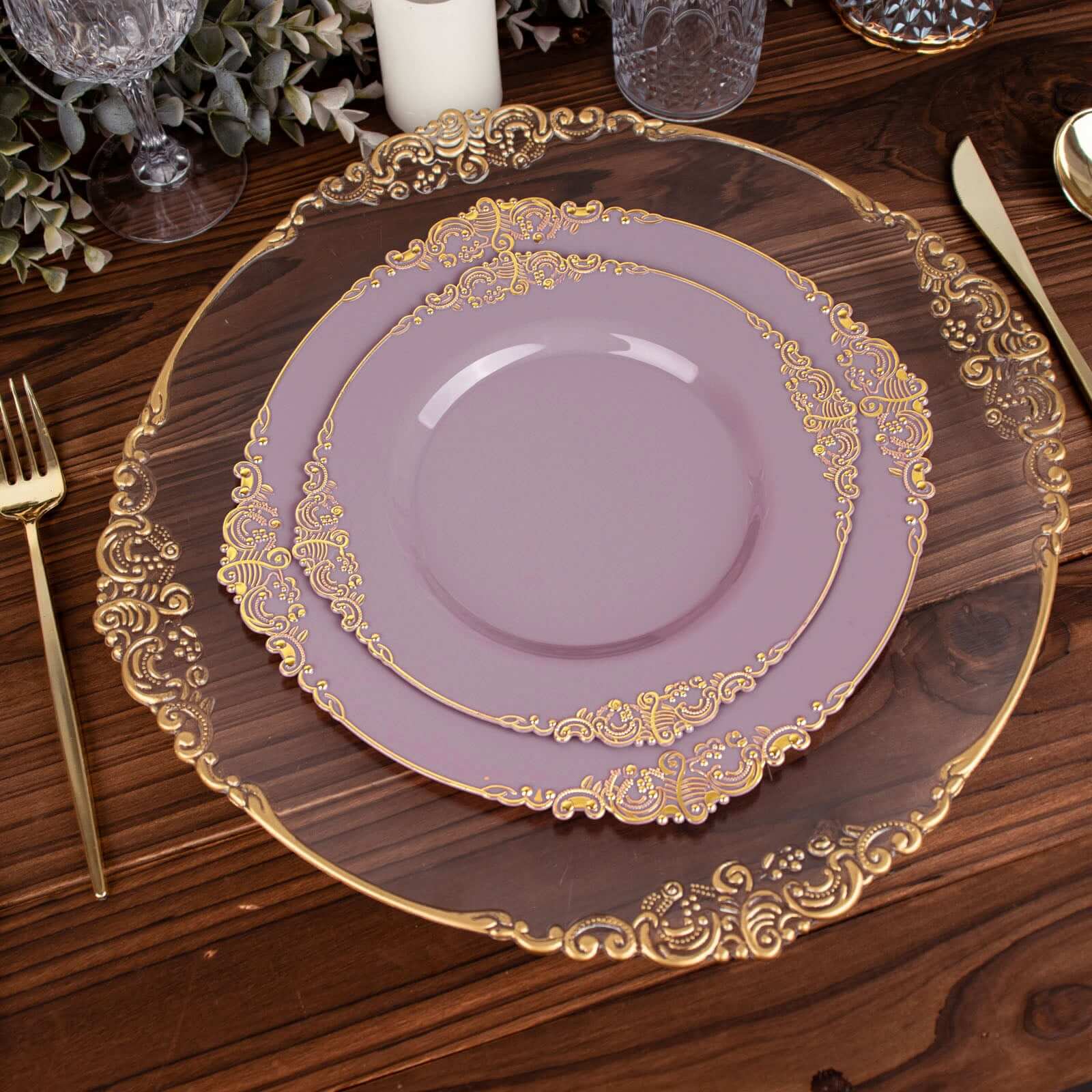 10-Pack Plastic 8 Round Dessert Plates in Lavender Lilac with Gold Leaf Embossed Rim - Disposable Vintage Baroque Style Salad Plates