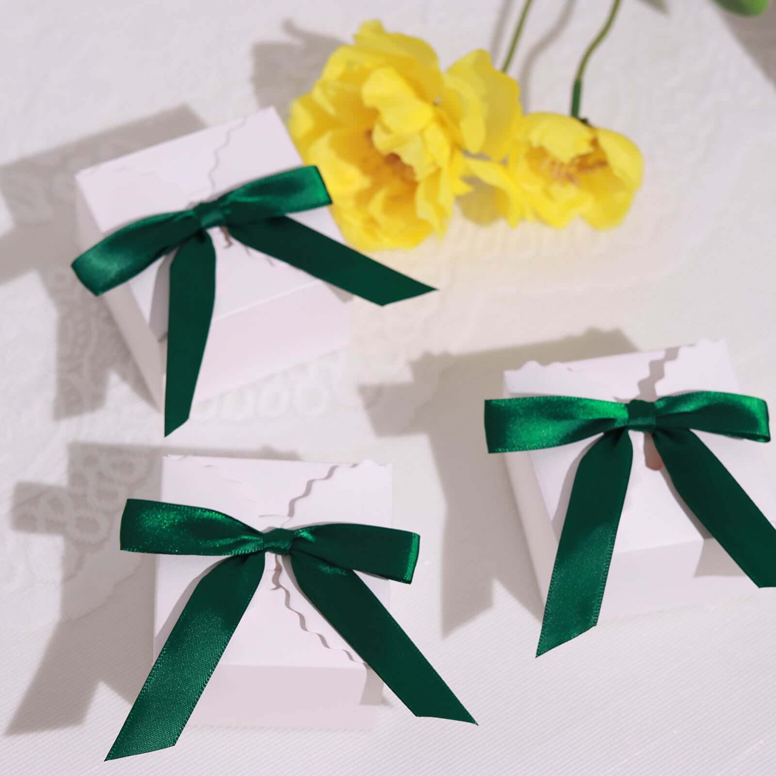 50 Pcs 3 Satin Ribbon Bows With Twist Ties, Gift Basket Party Favor Bags Decor - Hunter Emerald Green Classic Style