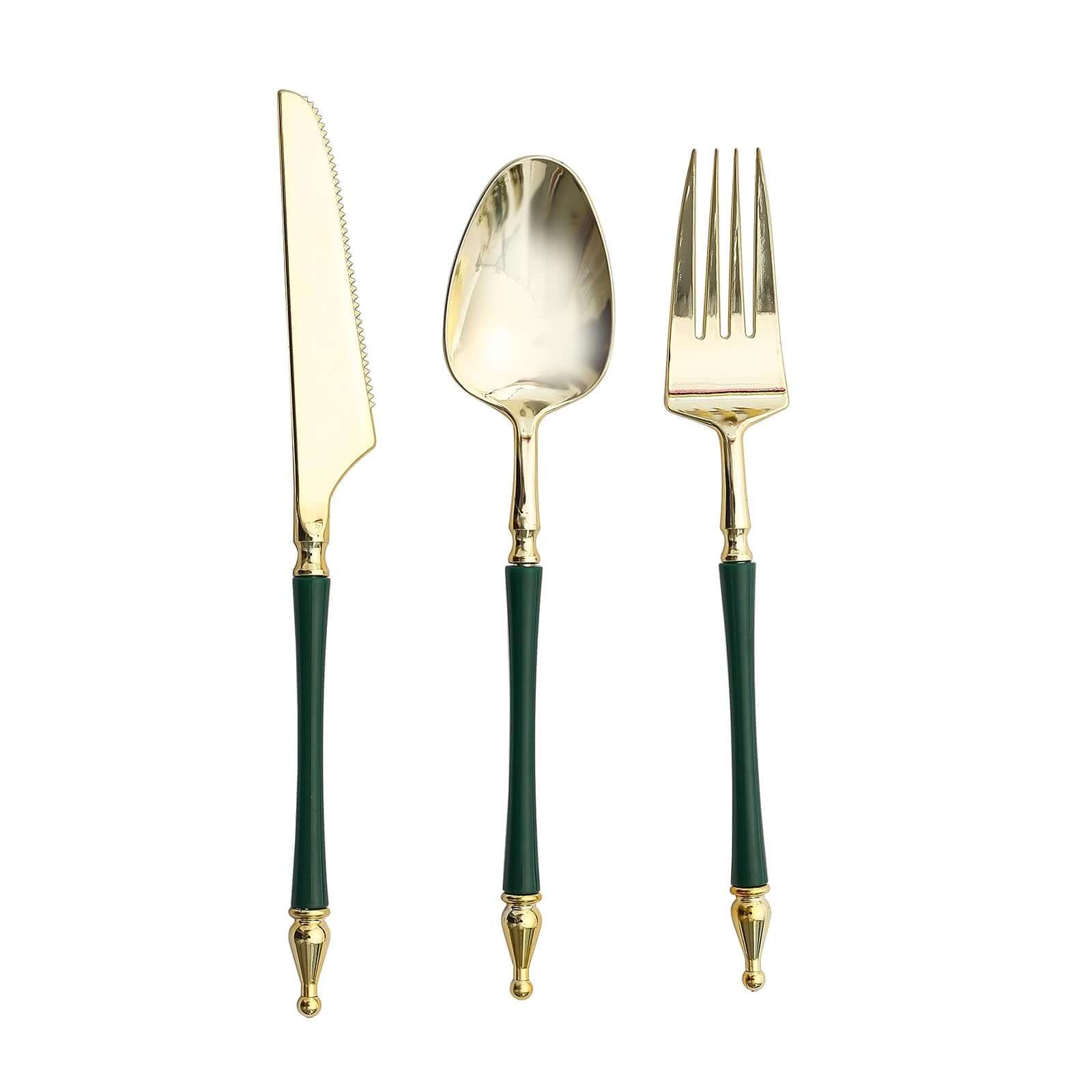 24-Pack Plastic Utensil Set with Roman Column Handle Gold/Hunter Emerald Green - Disposable Silverware