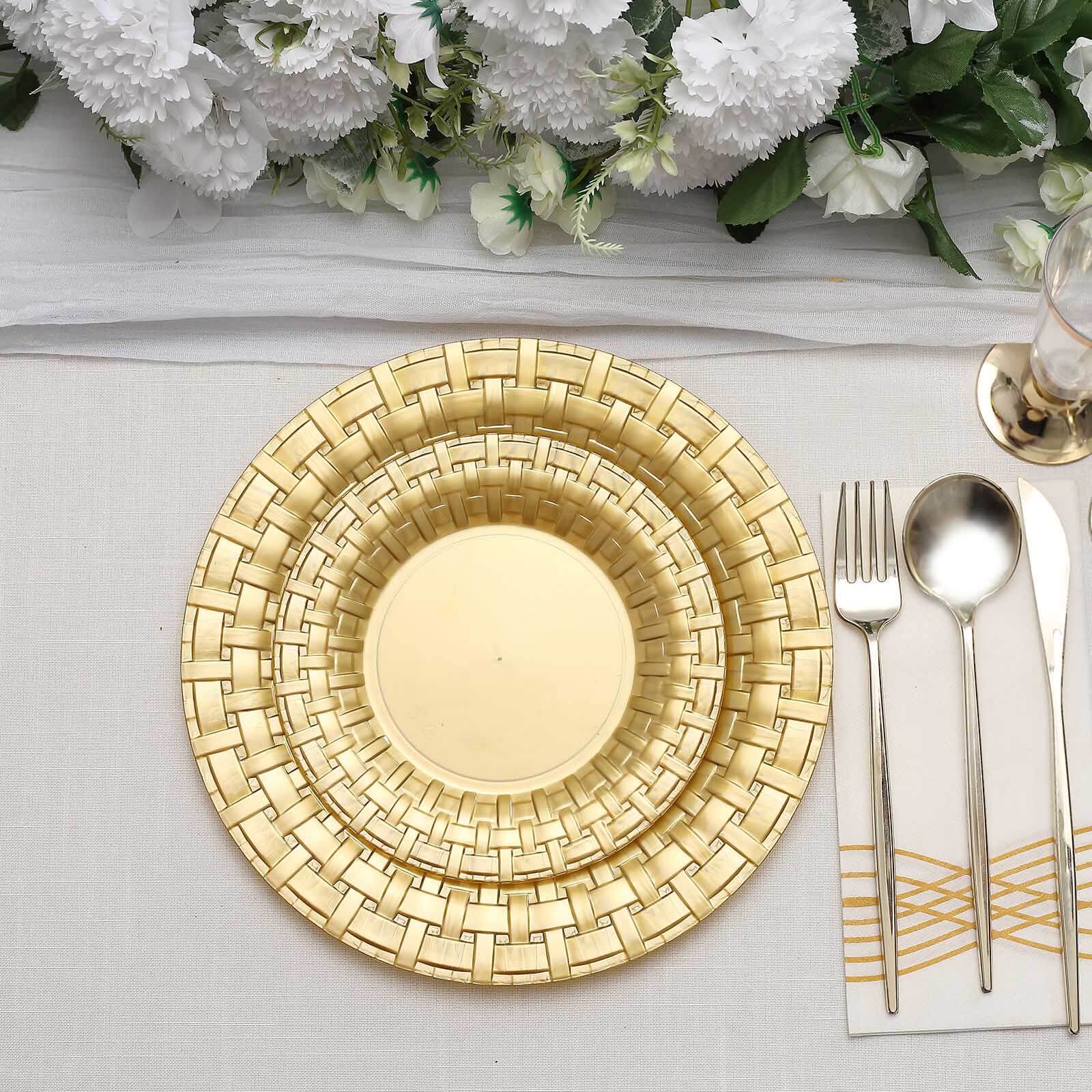 10-Pack Plastic Dinner Plates Gold Basketweave Rim - Durable Disposable Dinner Plates 10