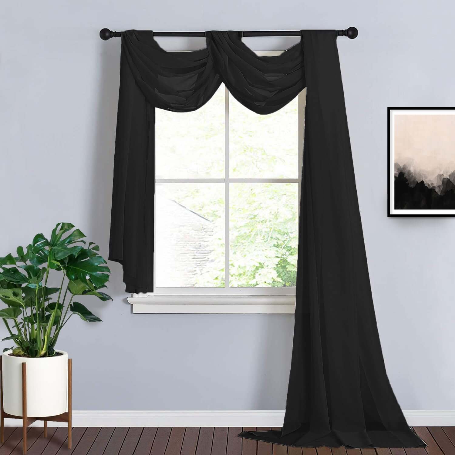 18ft Black Sheer Organza Wedding Arch Drapery Fabric, Window Scarf Valance