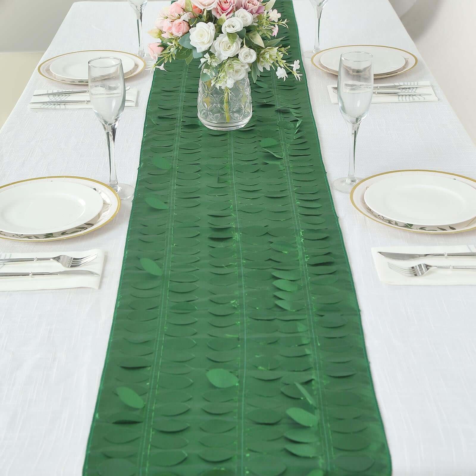 Taffeta Fabric 12x108 Table Runner Green - 3D Leaf Petal Design