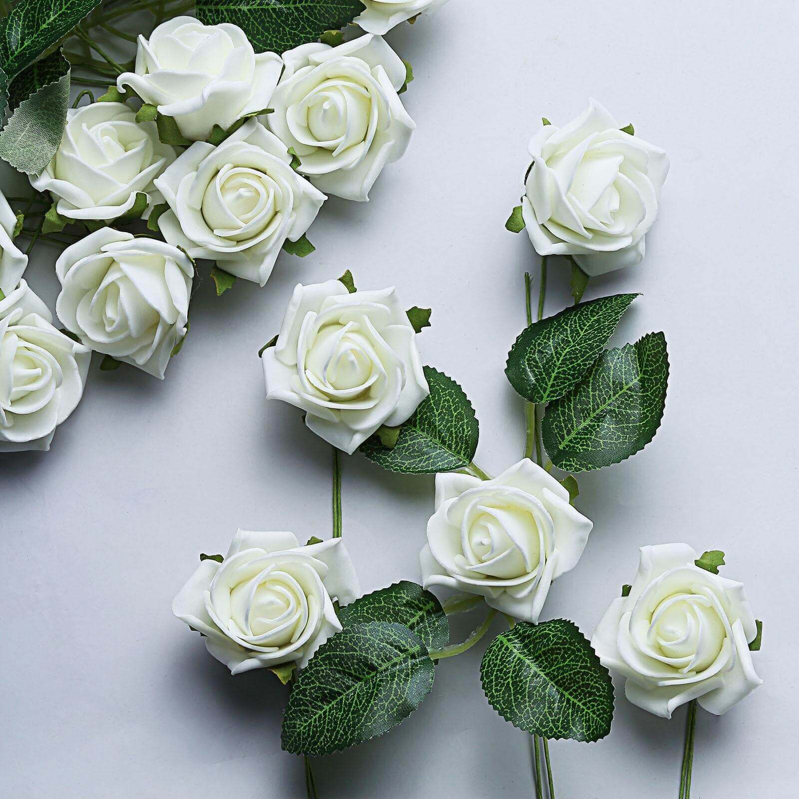 24 Roses 2 Ivory Artificial Foam Flowers With Stem Wire and Leaves