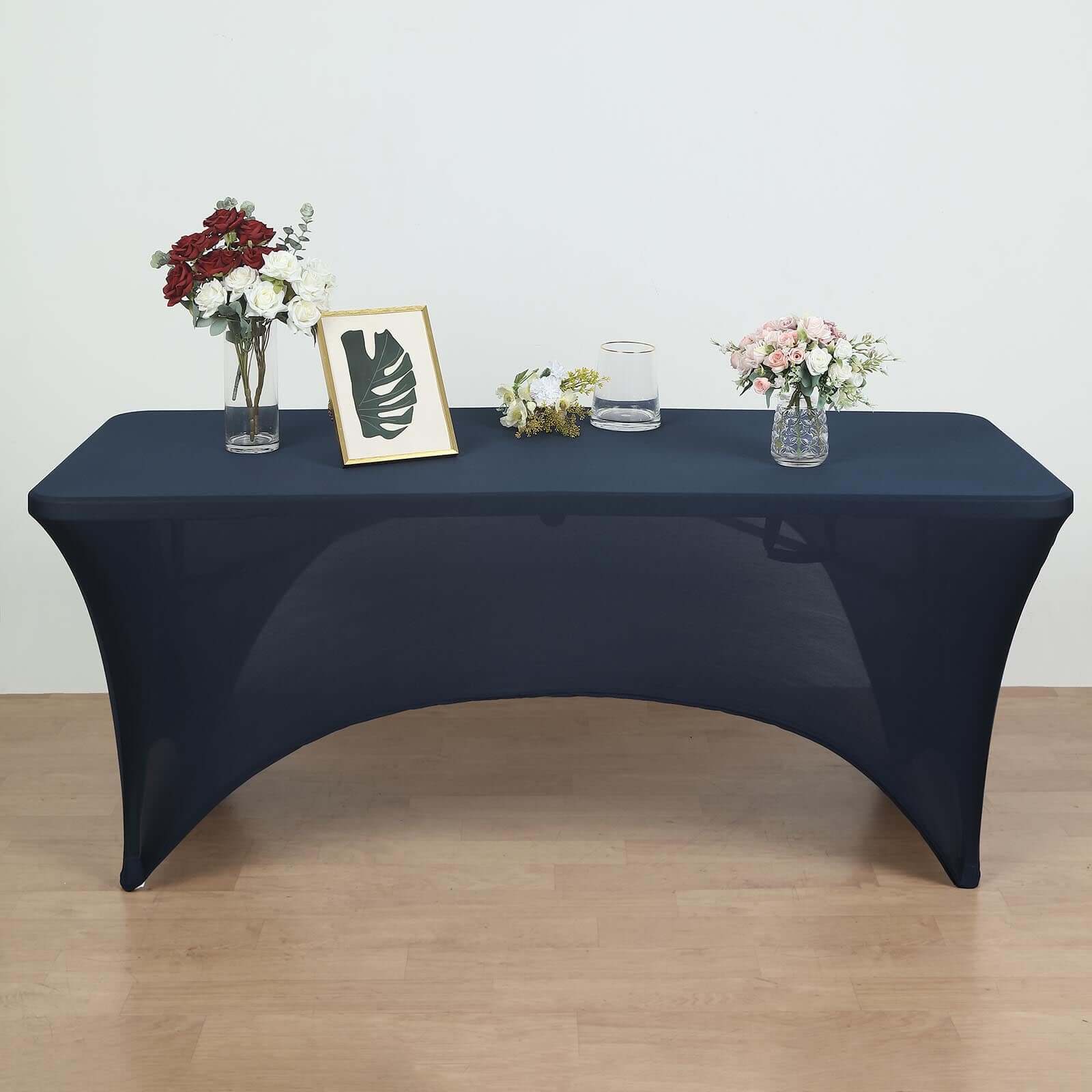 Stretch Spandex 72x30 Rectangular Table Cover Navy Blue with Curved Open Back Design Tailored Professional Look