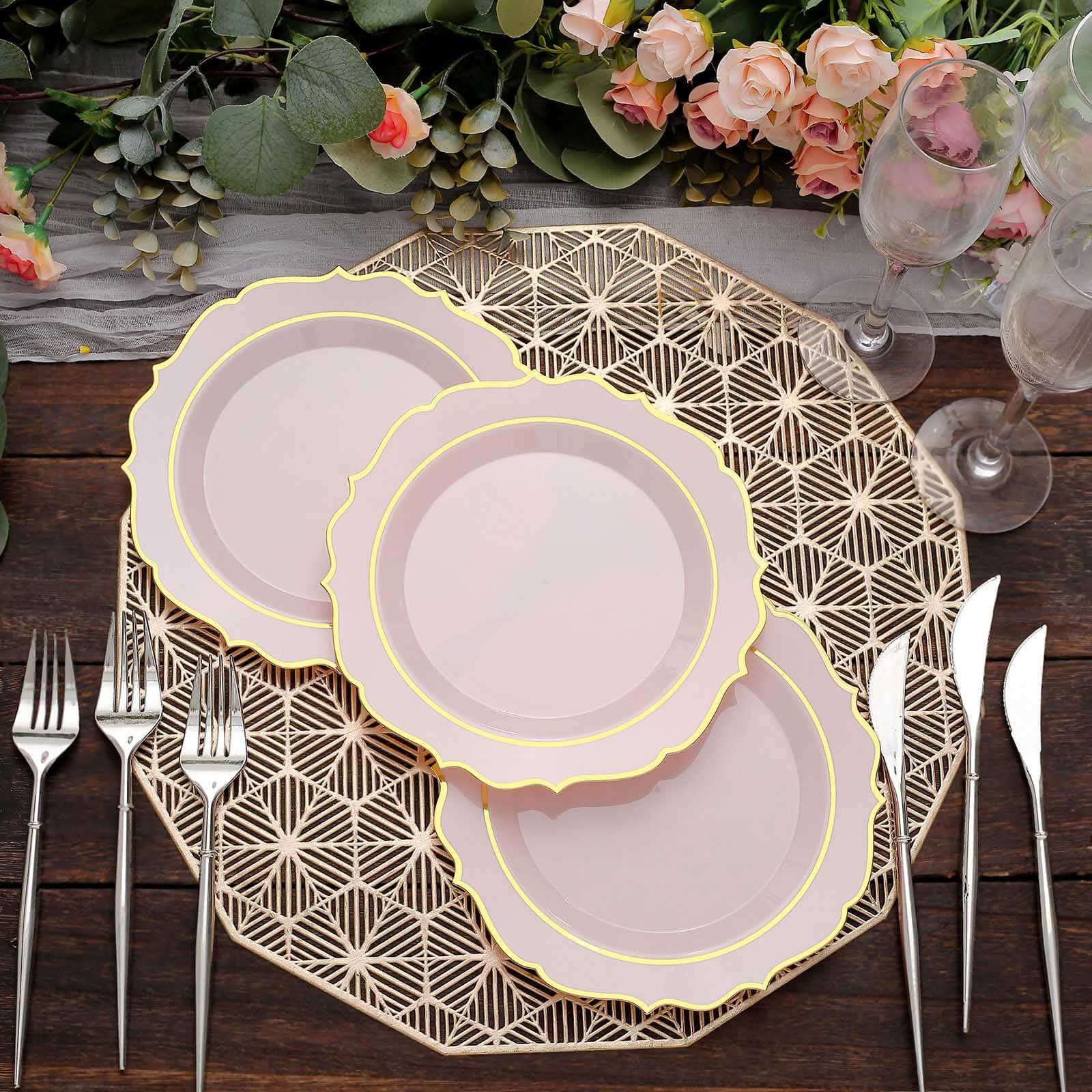 10-Pack Plastic 8 Round Desert Plates in Blush with Gold Scalloped Rim - Disposable Appetizer/Salad Plates