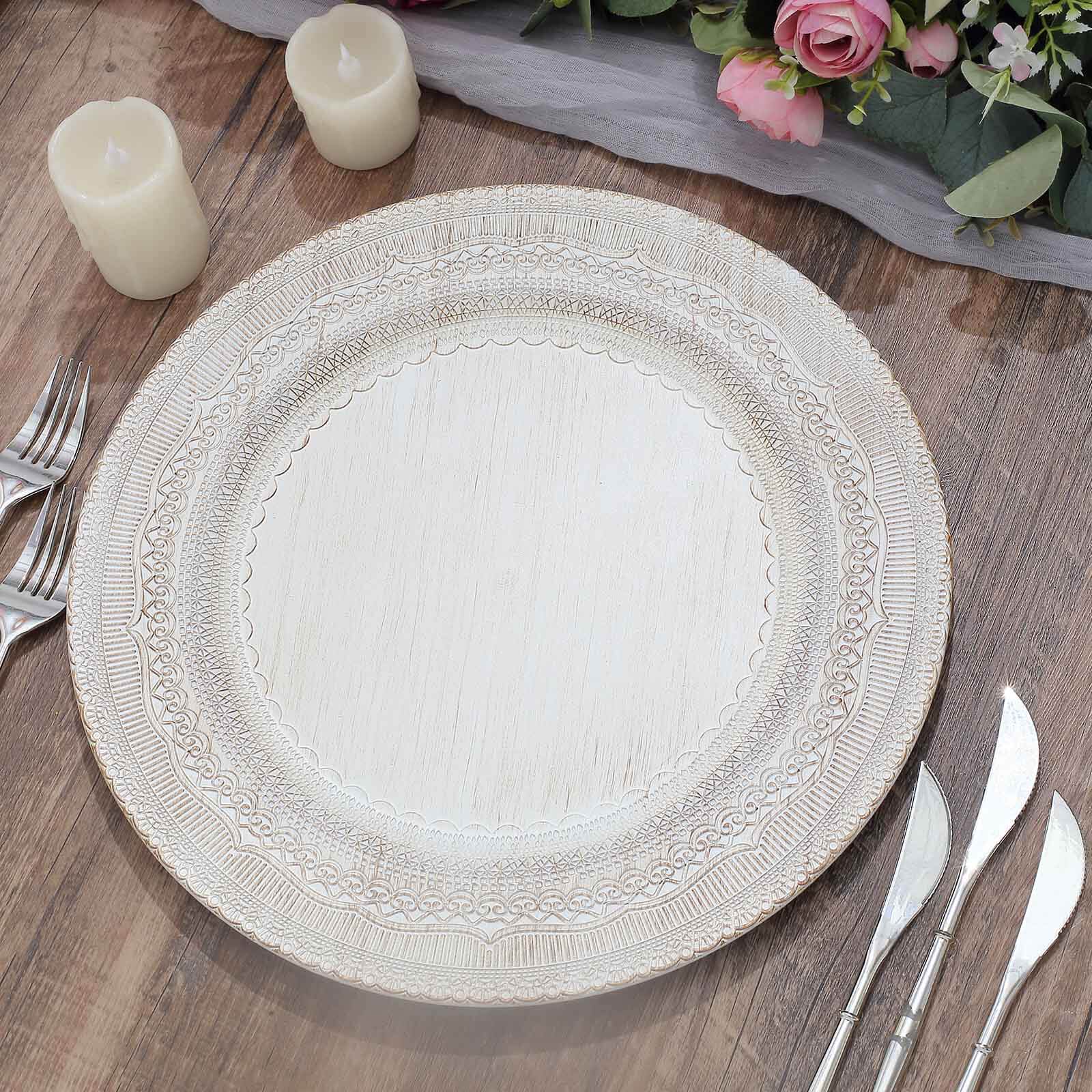 6-Pack Acrylic Round Charger Plates 13 in White with Lace Embossed Rim, Rustic Plastic Decorative Charger Tableware