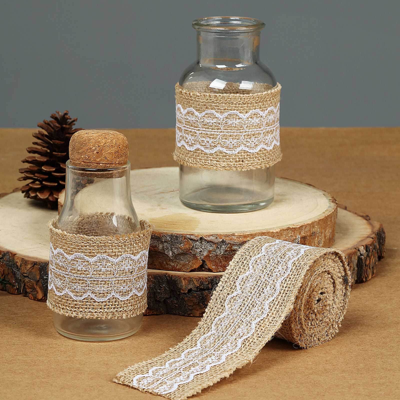 2 x 16FT Natural Jute Burlap Ribbon With Wavy Lace