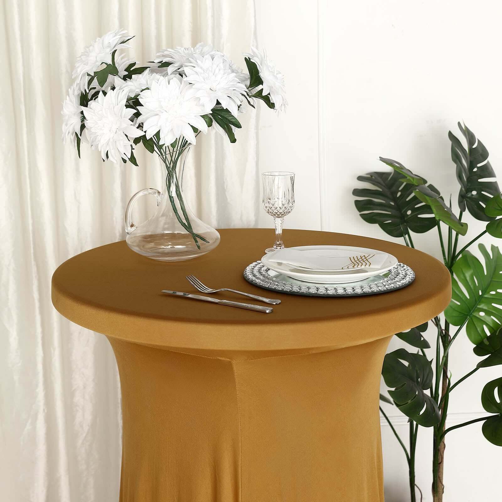 Spandex 32 Round Cocktail Table Cover Skirt Gold With Natural Wavy Drapes - Stylish & Sophisticated Event Decor