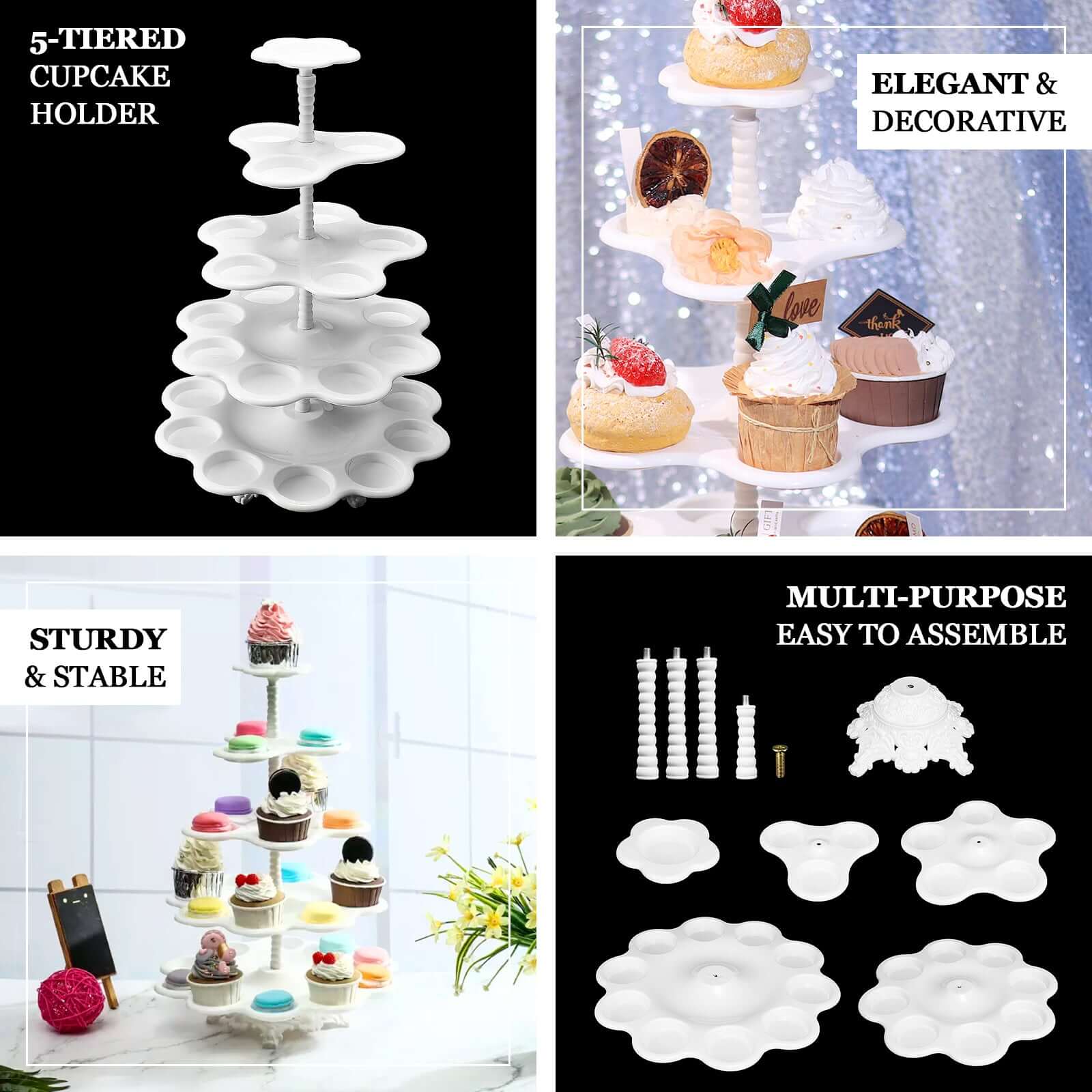 5-Tier Plastic Cupcake Holder Stand White - Dessert Tower with Scalloped Edge Design Versatile Display for Sweet Treats18