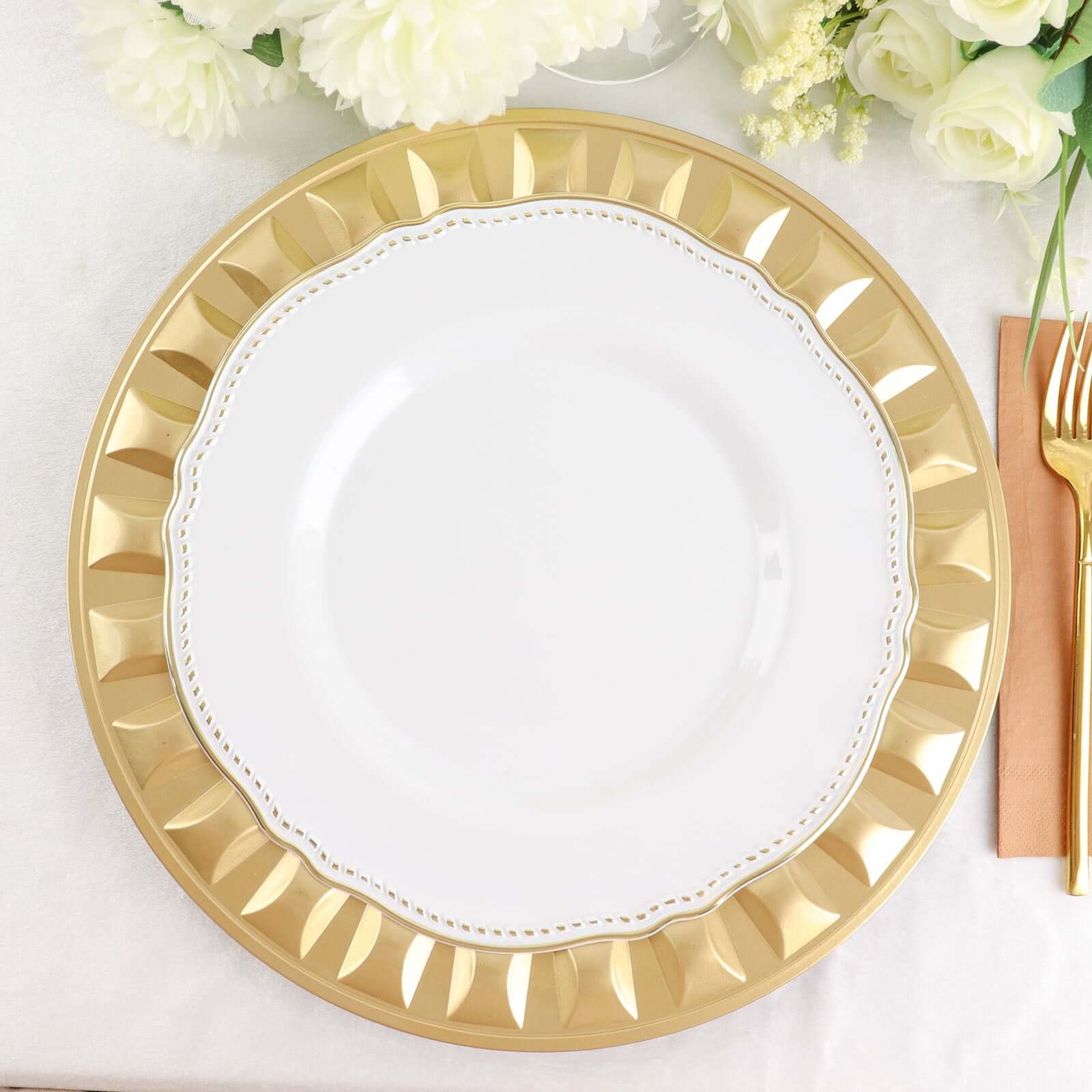 6-Pack Plastic Round Charger Plates 13 in Gold with Bejeweled Rim, Luxe Decorative Dinner Party Charger Tableware