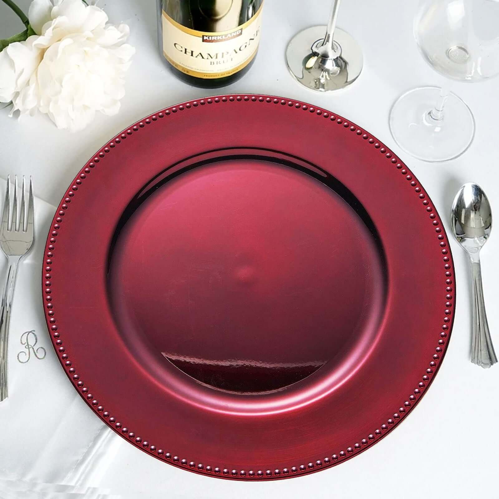 6-Pack Acrylic Round Charger Plates 13 in Burgundy with Beaded Rim, Dinner Charger Event Tabletop Decor