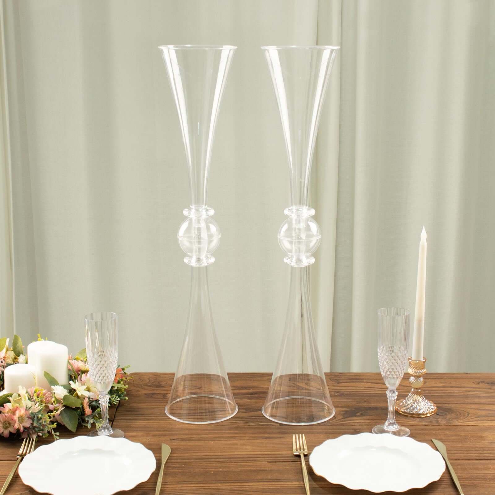 2-Pack Flower Vases Trumpet Design with Crystal Embellishments Clear - Reversible Plastic Centerpieces for Events 27