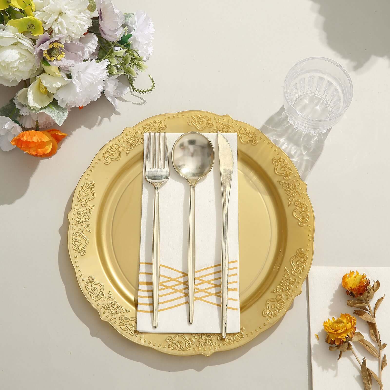 10-Pack Plastic 10 Round Dinner Plates Gold Embossed Scalloped Edge - Chic Disposable Party Plates for Special Occasions & Banquets