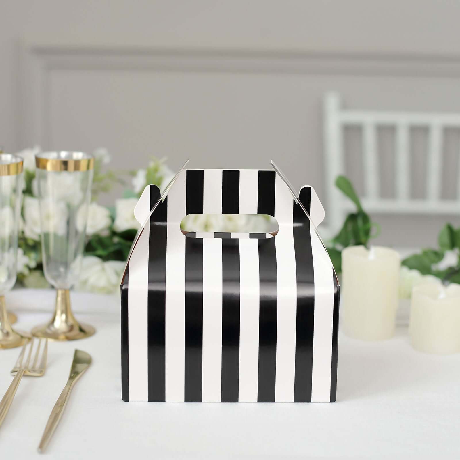 25 Pack White Black Striped Candy Gift Tote Gable Boxes, Party Favor Treat Bags - 6x3.5x7