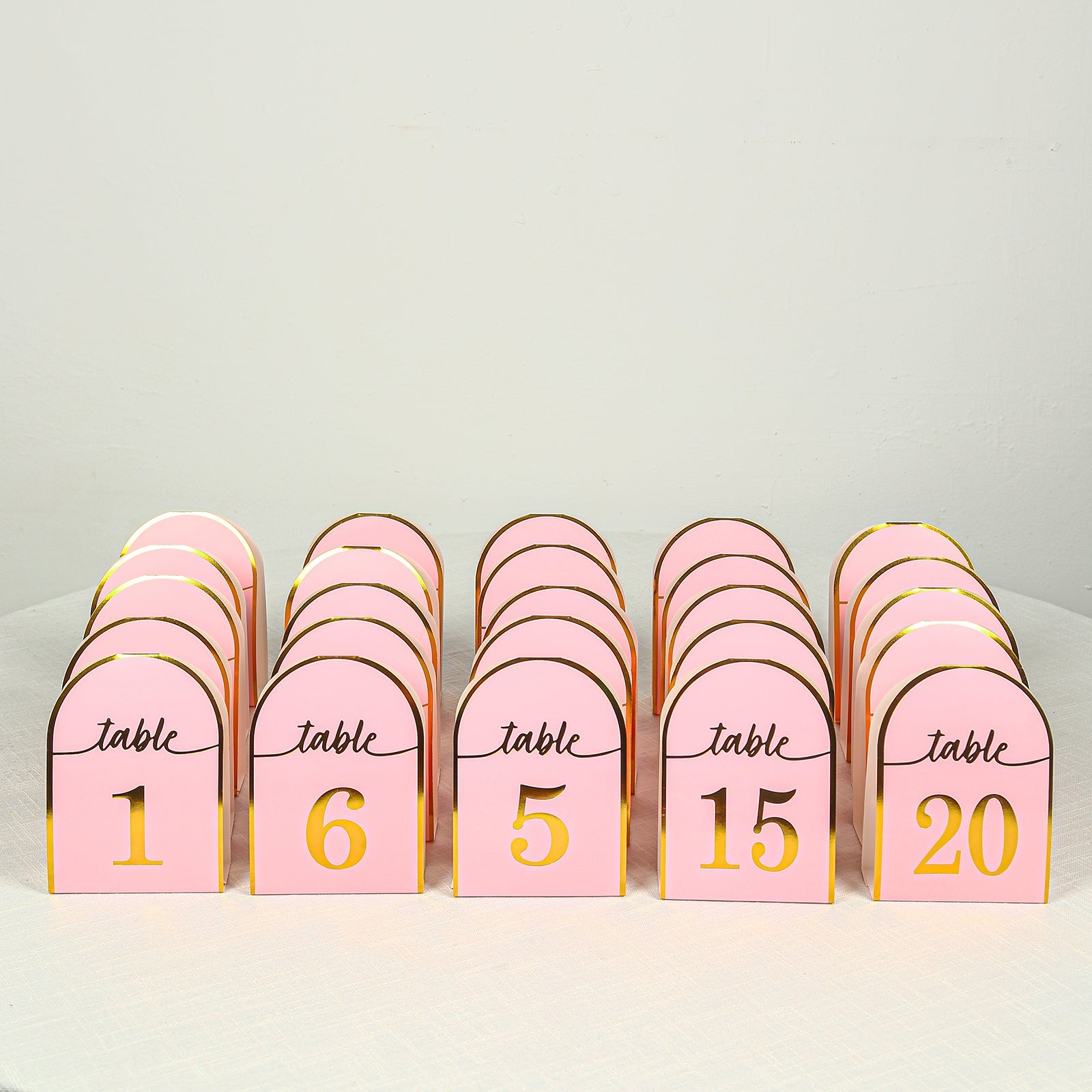 25-Pack Paper Wedding Table Numbers 1-25 Blush Arch Cutout Design - Sleek & Modern Free Standing Double Sided Table Tent Cards with Metallic Gold Foil Numbers 7