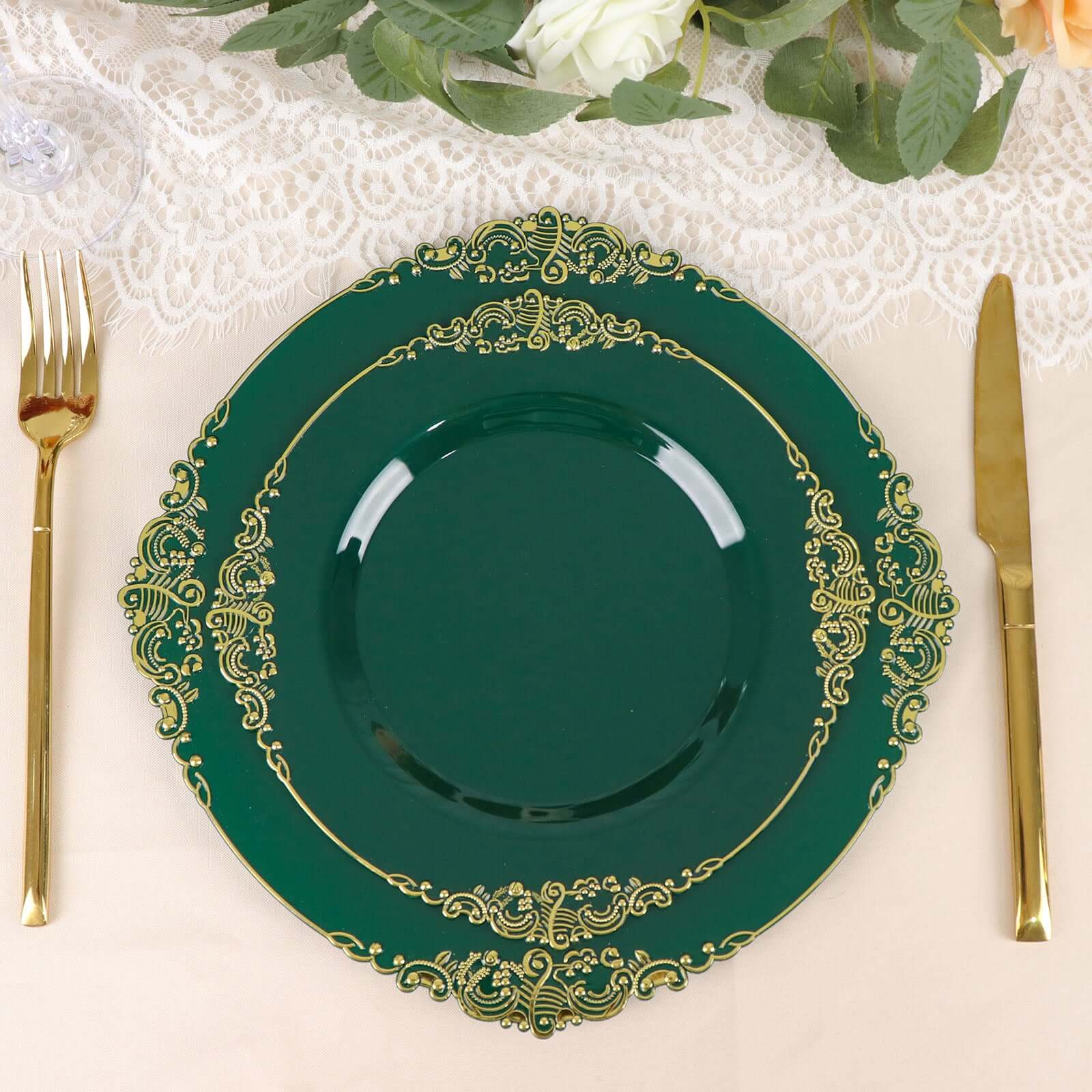 10-Pack Plastic 8 Round Dessert Plates in Hunter Emerald Green with Gold Leaf Embossed Rim - Disposable Vintage Baroque Style Salad Plates