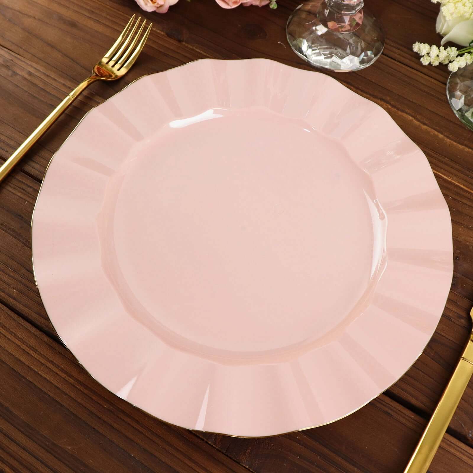 10-Pack Plastic 11 Round Dinner Plates in Blush Ruffled Rim with Gold Edging - Sturdy Disposable Dinnerware