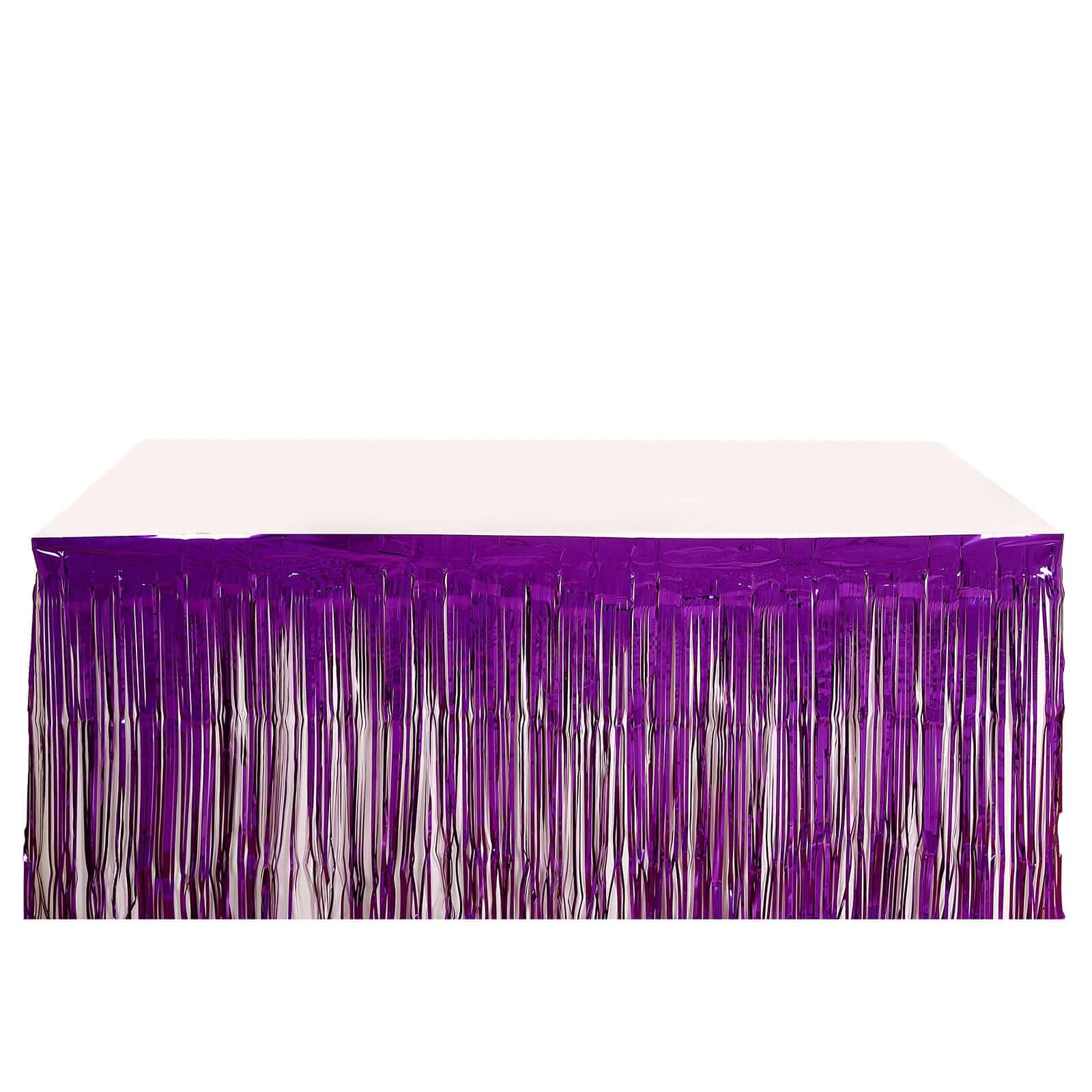 30x9ft Purple Metallic Foil Fringe Table Skirt, Self Adhesive Tinsel Table Skirt