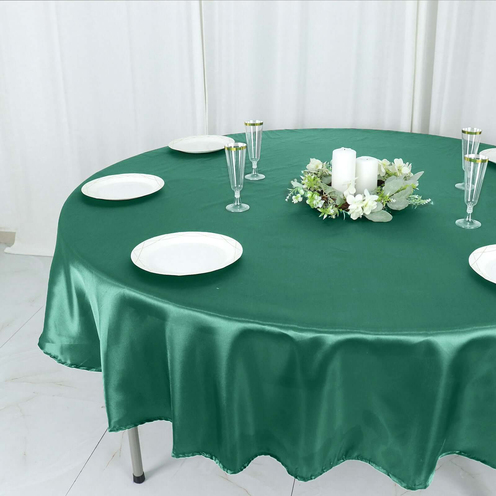 Satin 90 Round Tablecloth Hunter Emerald Green - Smooth and Lustrous Table Cover