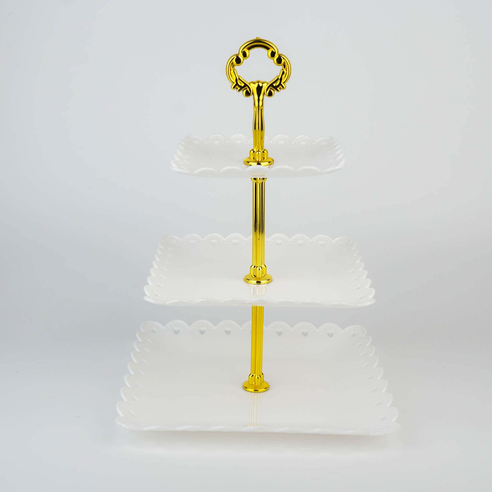 3-Tier Plastic Square Cupcake Stand Tower White - Charming Disposable Dessert Display Serving Tray Platter with Heart Wavy Edge & Gold Top Handle for Tea Parties Weddings & Special Occasions 13