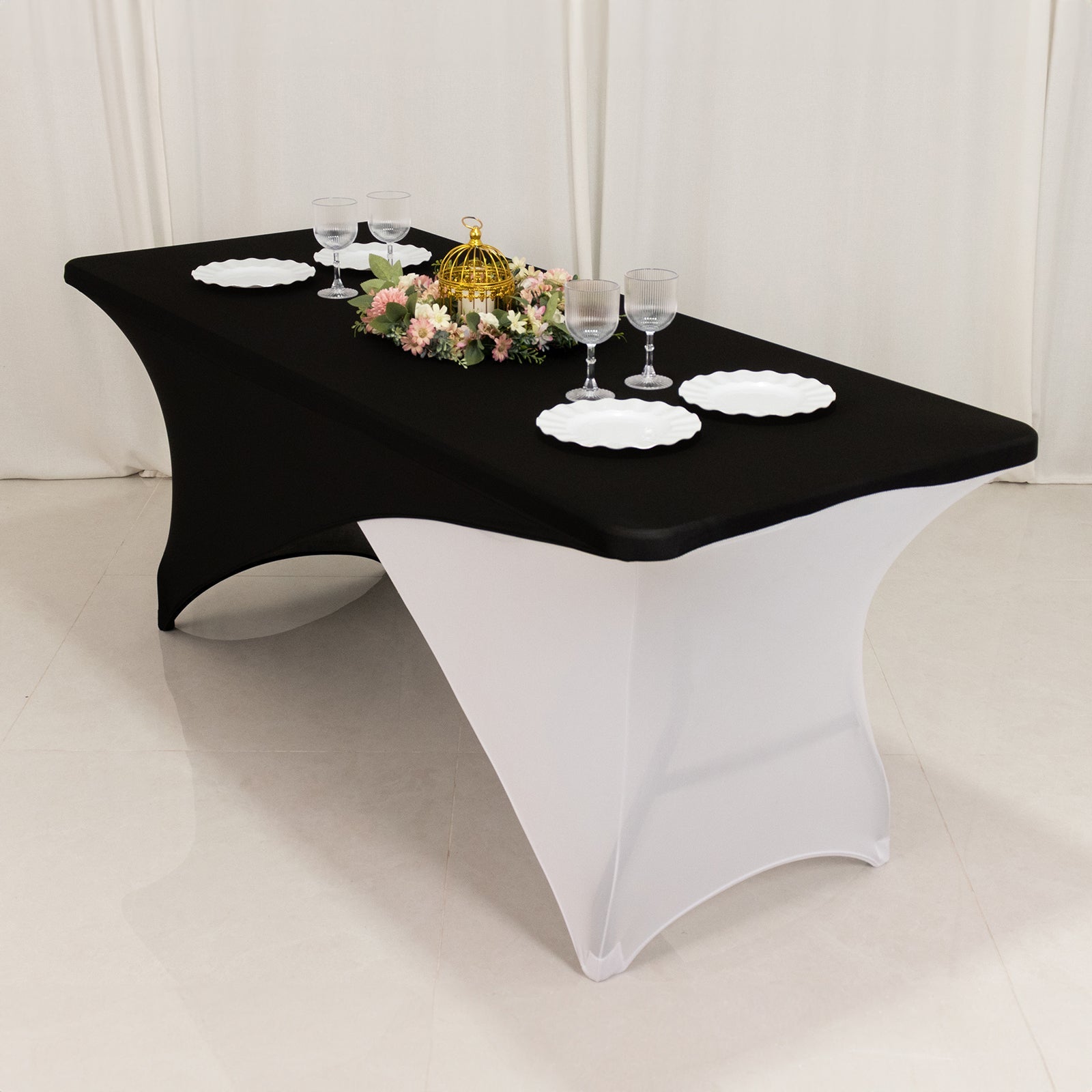 Stretch Spandex 72x30 Rectangle Table Cover Black/White Cross Over Design - Versatile & Sleek Two-Piece Fitted Tablecloth with Elastic Foot Pockets