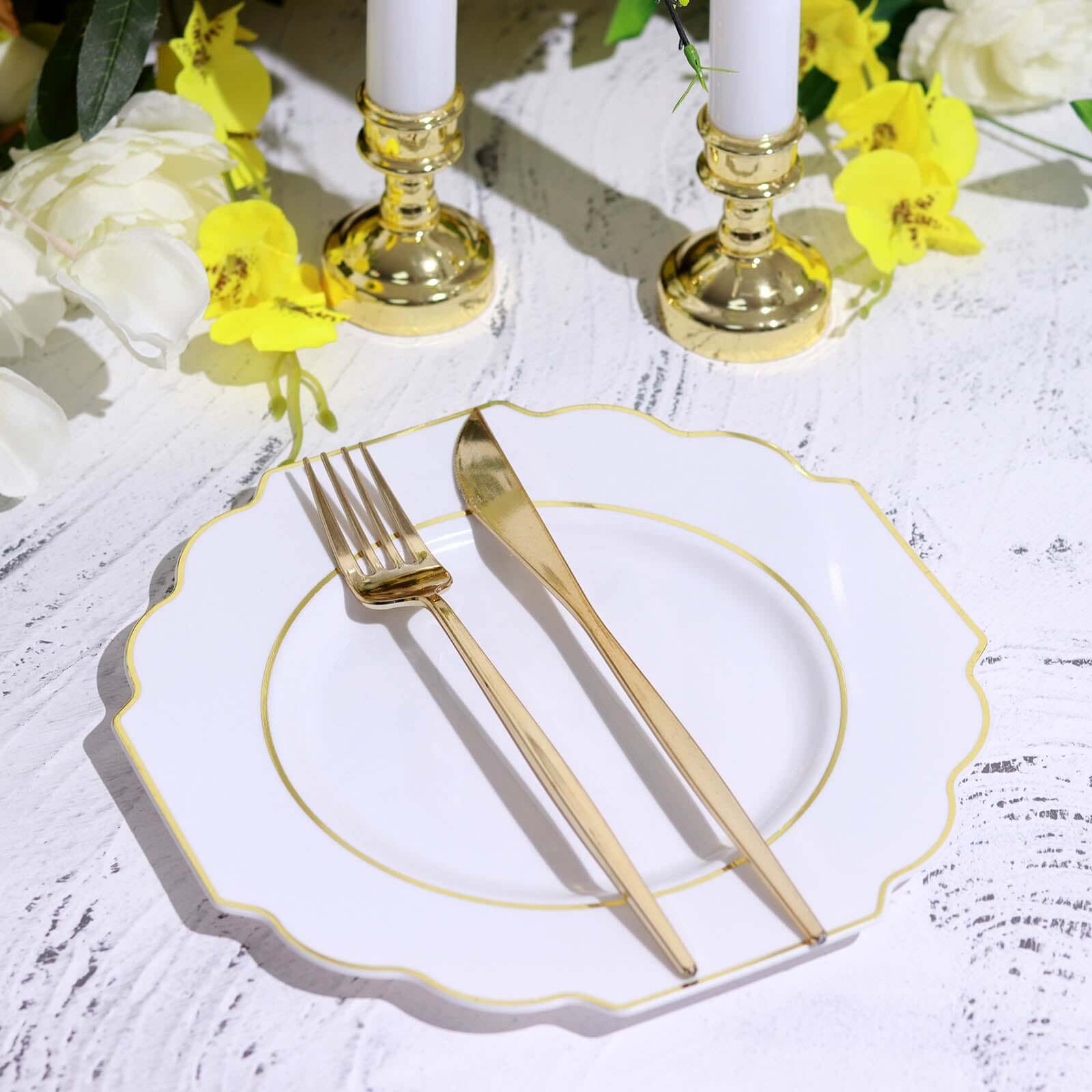 10-Pack Plastic Dessert Appetizer Plates in White Baroque Design with Scalloped Gold Rim - Heavy Duty Disposable Salad Plates for Formal Events & Banquets 8