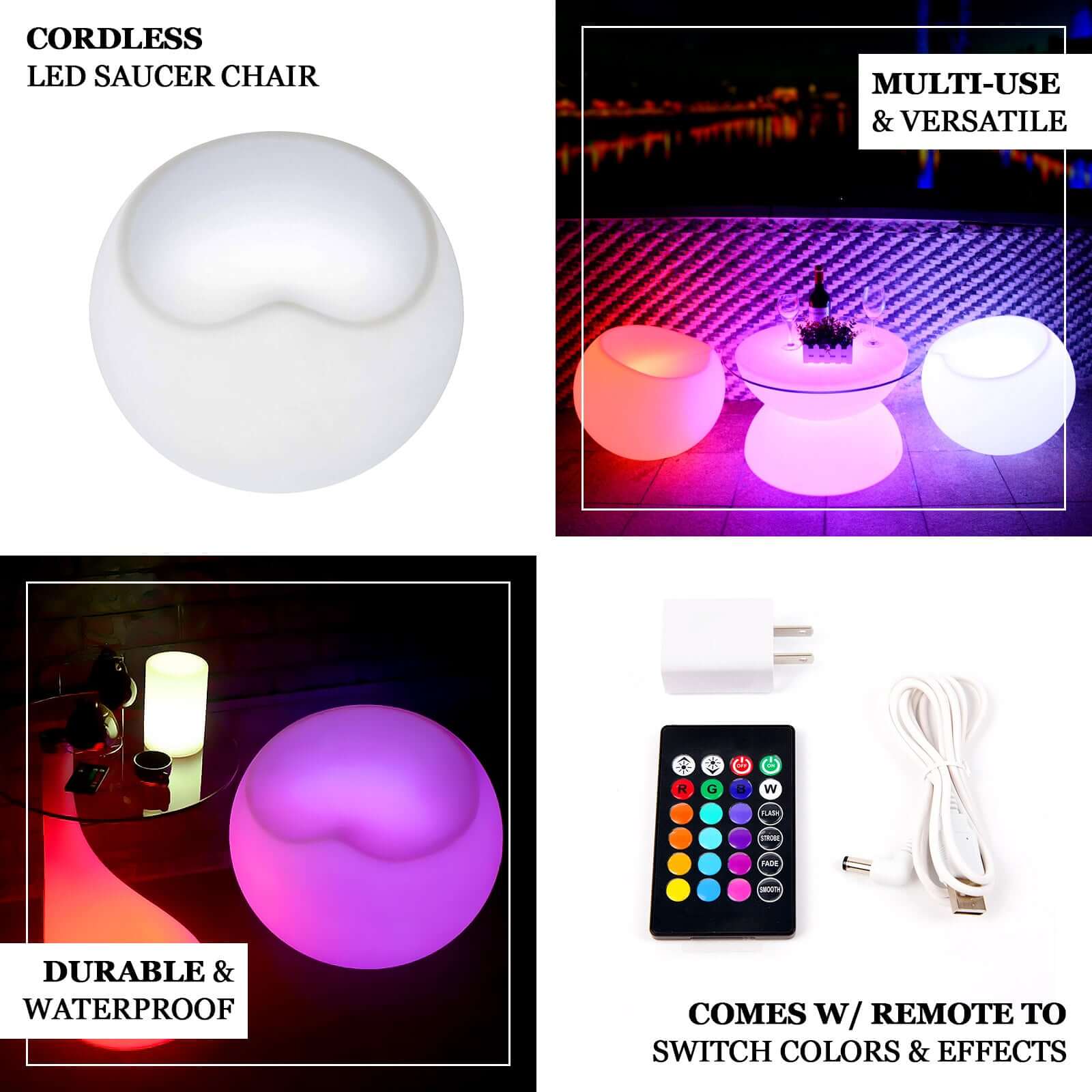 Color Changing LED Light Up Saucer Chair Furniture Stool, Rechargeable Cordless Waterproof with Accessory Bag