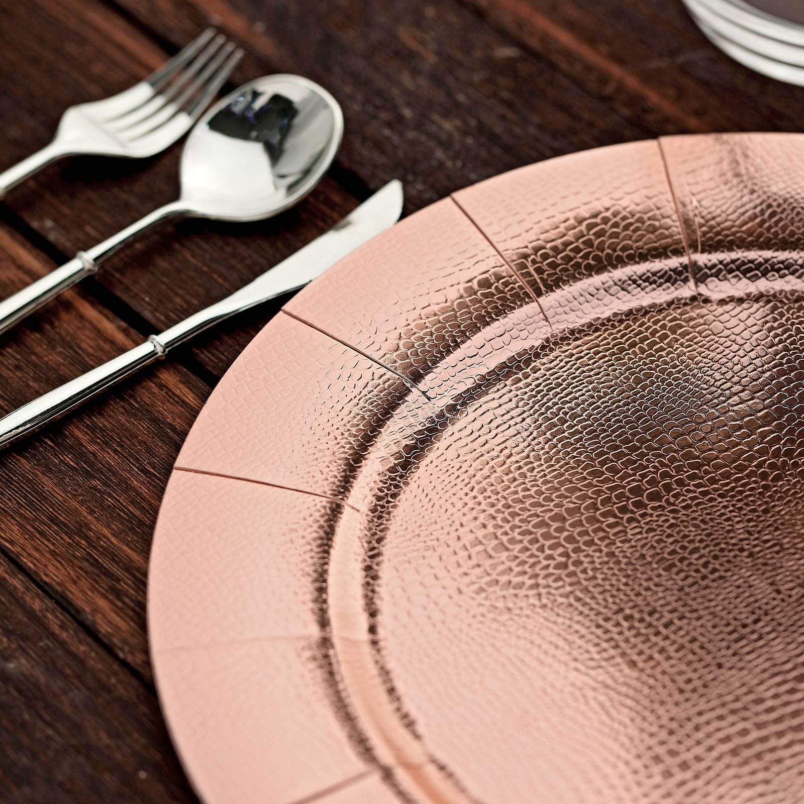 10-Pack Disposable Round Charger Plates in Rose Gold with Leathery Texture - Durable 1100GSM Cardboard Placemats 13