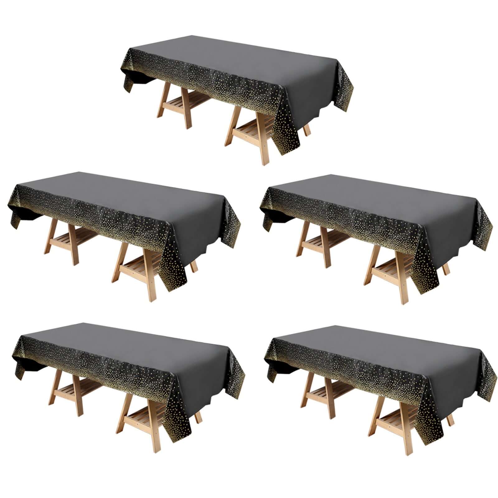 5-Pack Plastic Table Covers Black Rectangle with Gold Confetti Dots - Durable PVC Disposable Tablecloths for Events 54x108