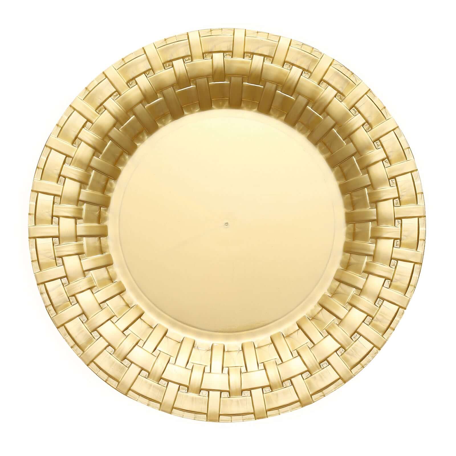 10-Pack Plastic Dinner Plates Gold Basketweave Rim - Durable Disposable Dinner Plates 10