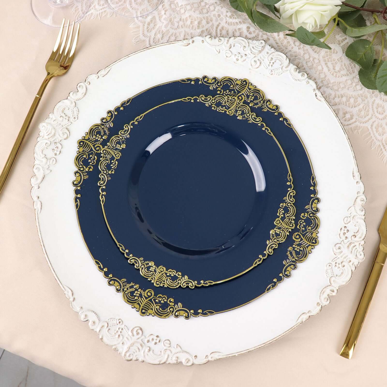 10-Pack Plastic 10 Round Dinner Plates in Navy Blue with Gold Leaf Embossed Rim - Disposable Vintage Baroque Style Plates