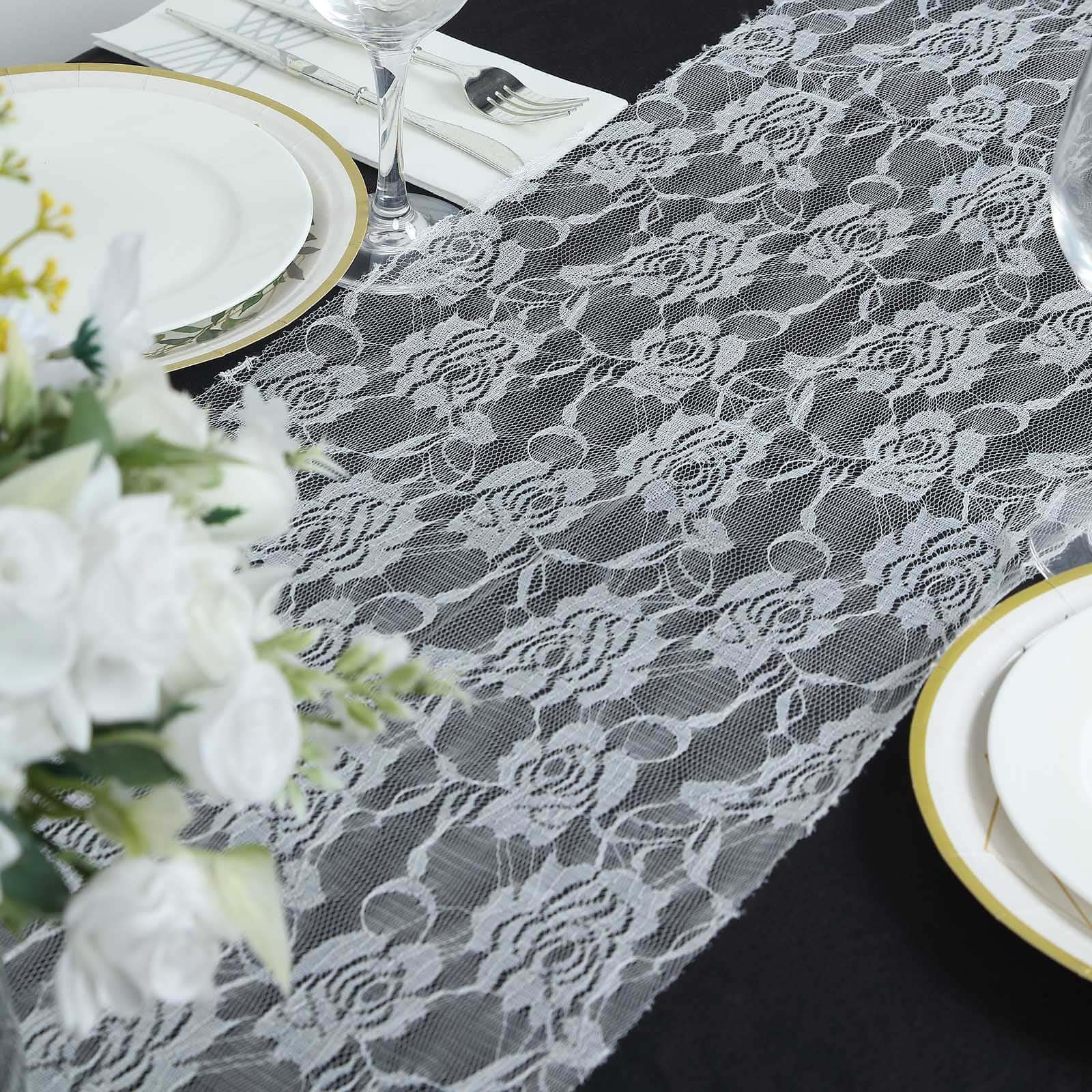 Lace 12x108 Table Runner White with Rose Flower Pattern - Stylish Vintage Table Decor