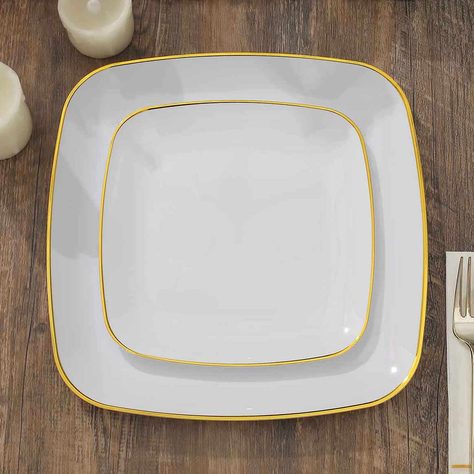 10-Pack Plastic 7 Square Dessert Plates in White with Gold Rim - Classy Disposable Appetizer Salad Plates for Weddings & Special Events