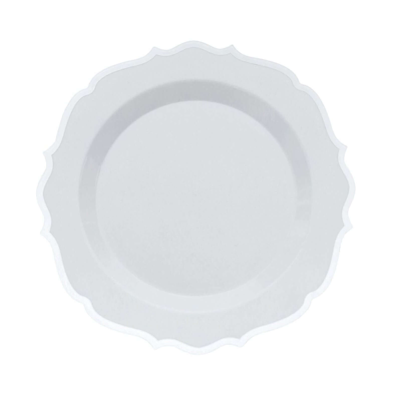 10-Pack Plastic 8 Round Desert Plates in White with Silver Scalloped Rim - Disposable Appetizer/Salad Plates