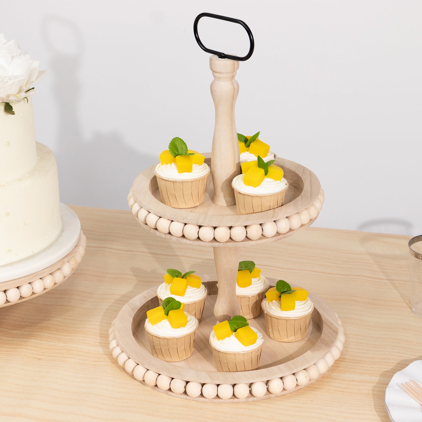 2-Tier Wooden Serving Tray Stand Beaded Design with Metal Handle Natural - Round Rustic Farmhouse Cupcake Display 17