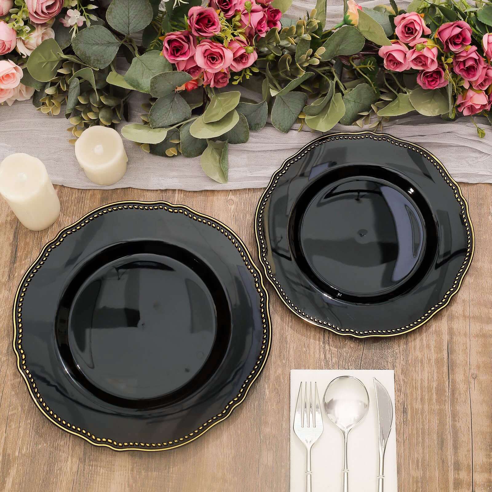 10-Pack Plastic Dinner Plates in Black with Gold Scalloped Rim - Disposable Party Plates for Upscale Events & Banquets 9