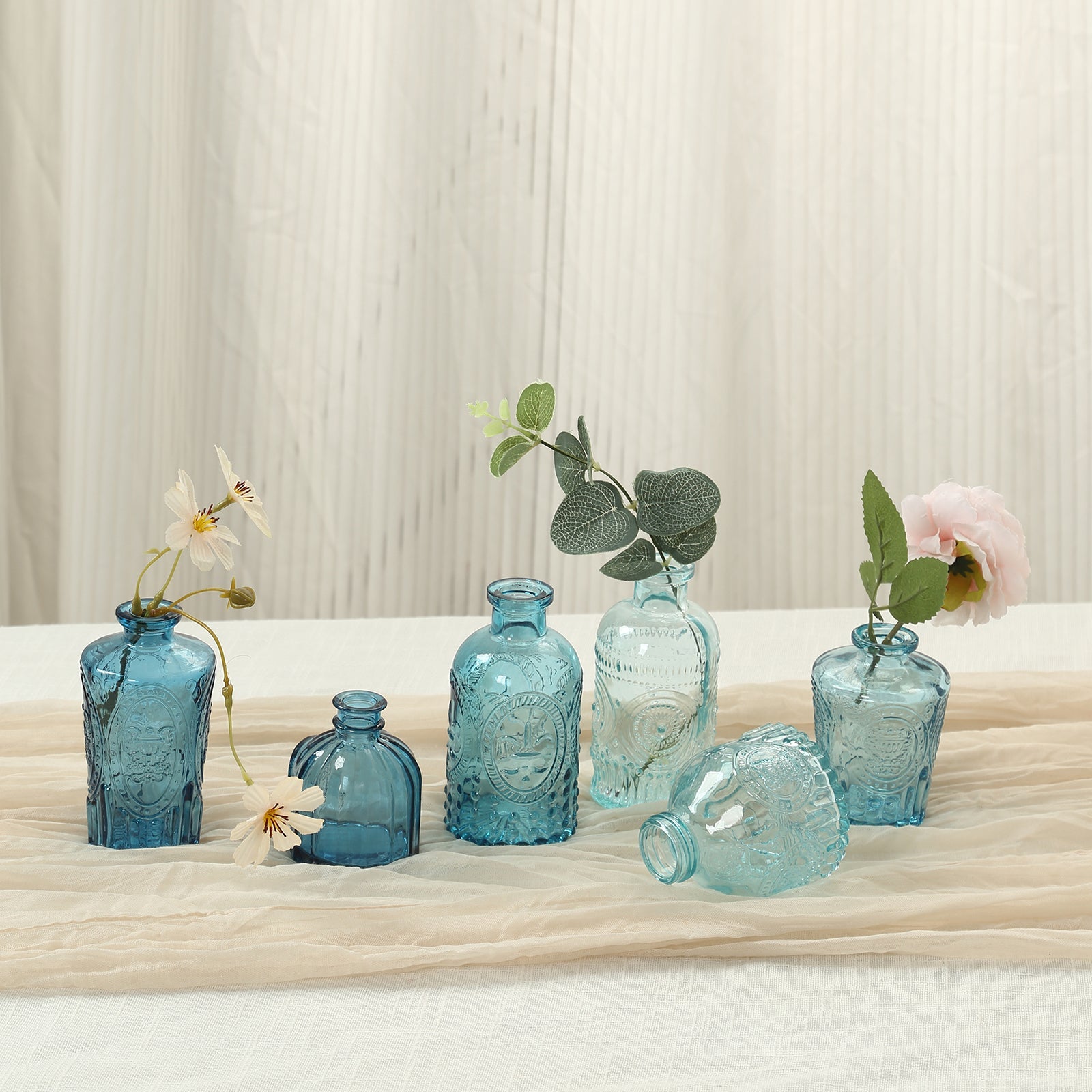 Set of 6 Embossed Glass Bud Vases Vintage Mixed Blue - Apothecary Style Decorative Table Centerpieces