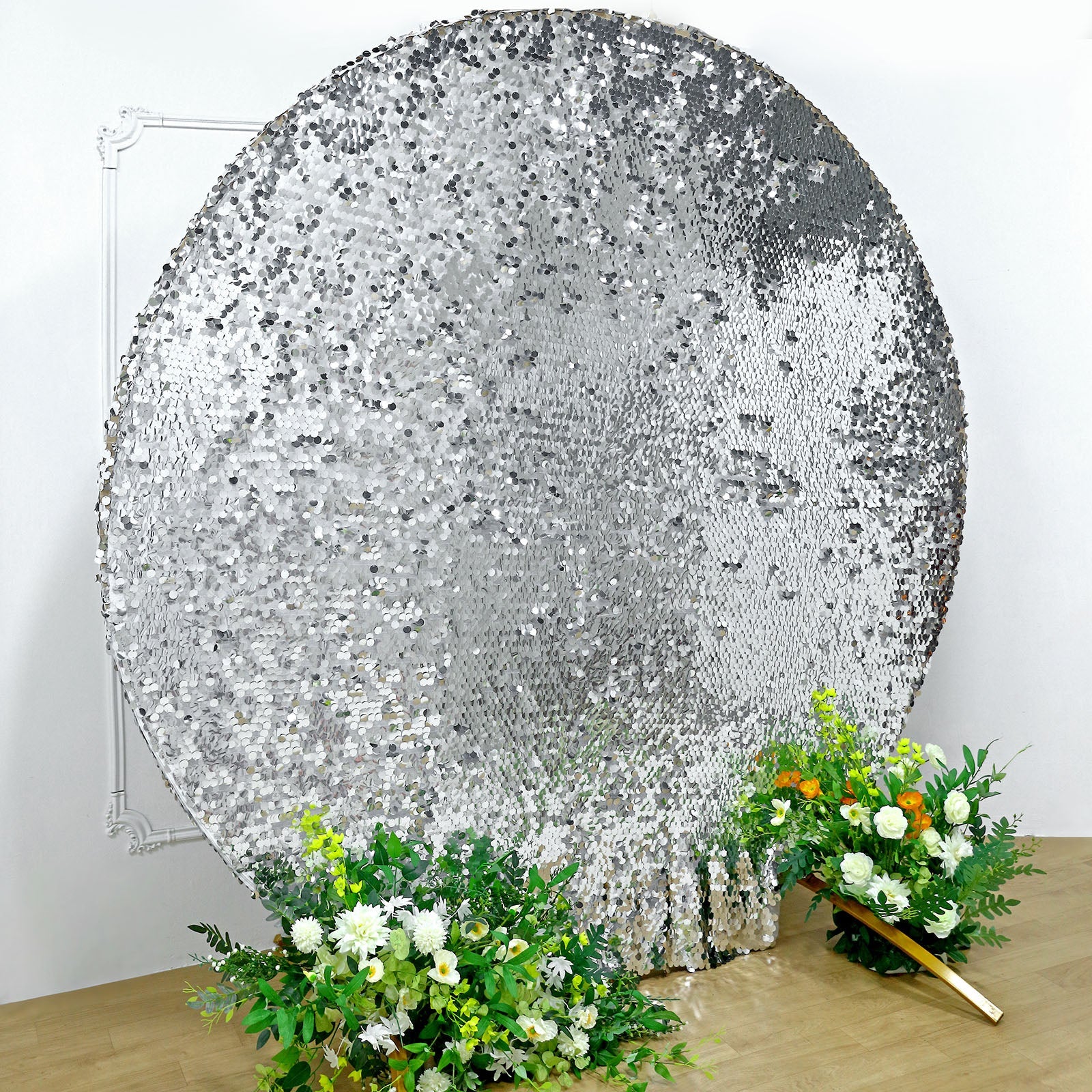 7.5ft Sparkly Silver Double Sided Big Payette Sequin Wedding Arbor Cover, Round Fitted Backdrop Arch Cover