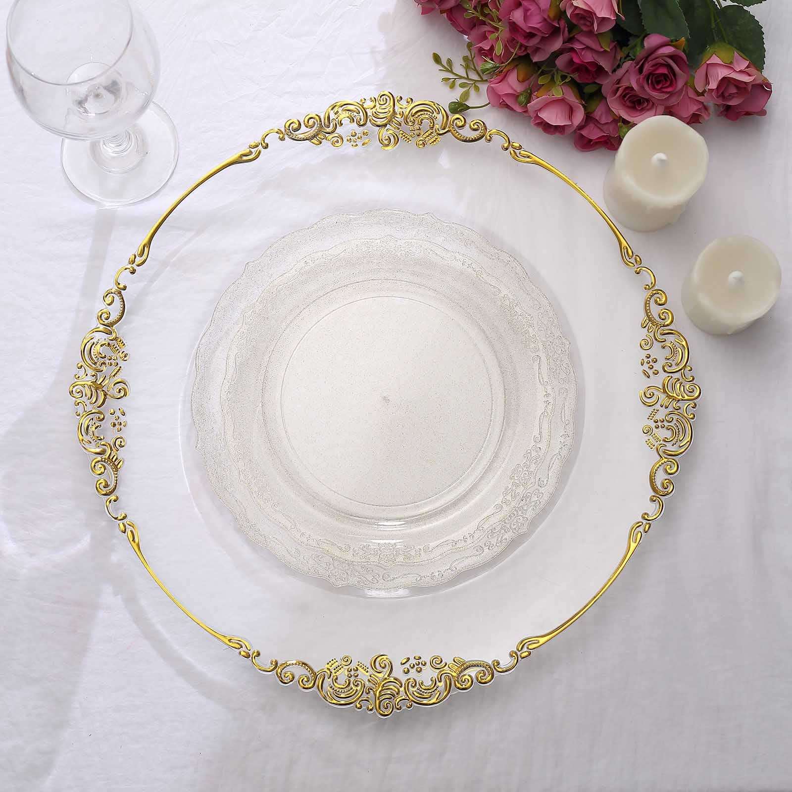 12-Pack Plastic 7 Round Salad Plates in Clear Gold Glittered with Floral Rim Scalloped Edges - Disposable Appetizer Salad Plates for Special Occasions & Banquets