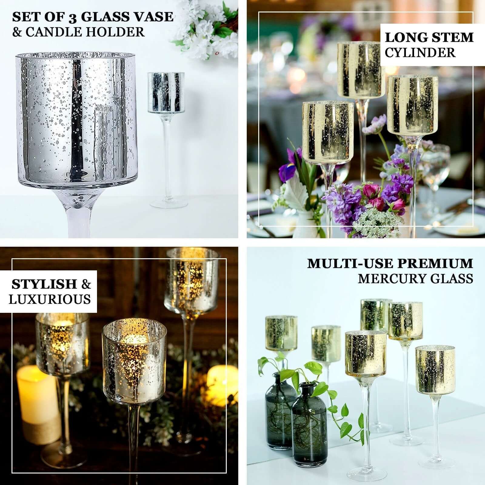 Set of 3 Glass Cylinder Vases Long Stem Gold - Decorative Candle Holder Floral Centerpieces 12, 14, 16